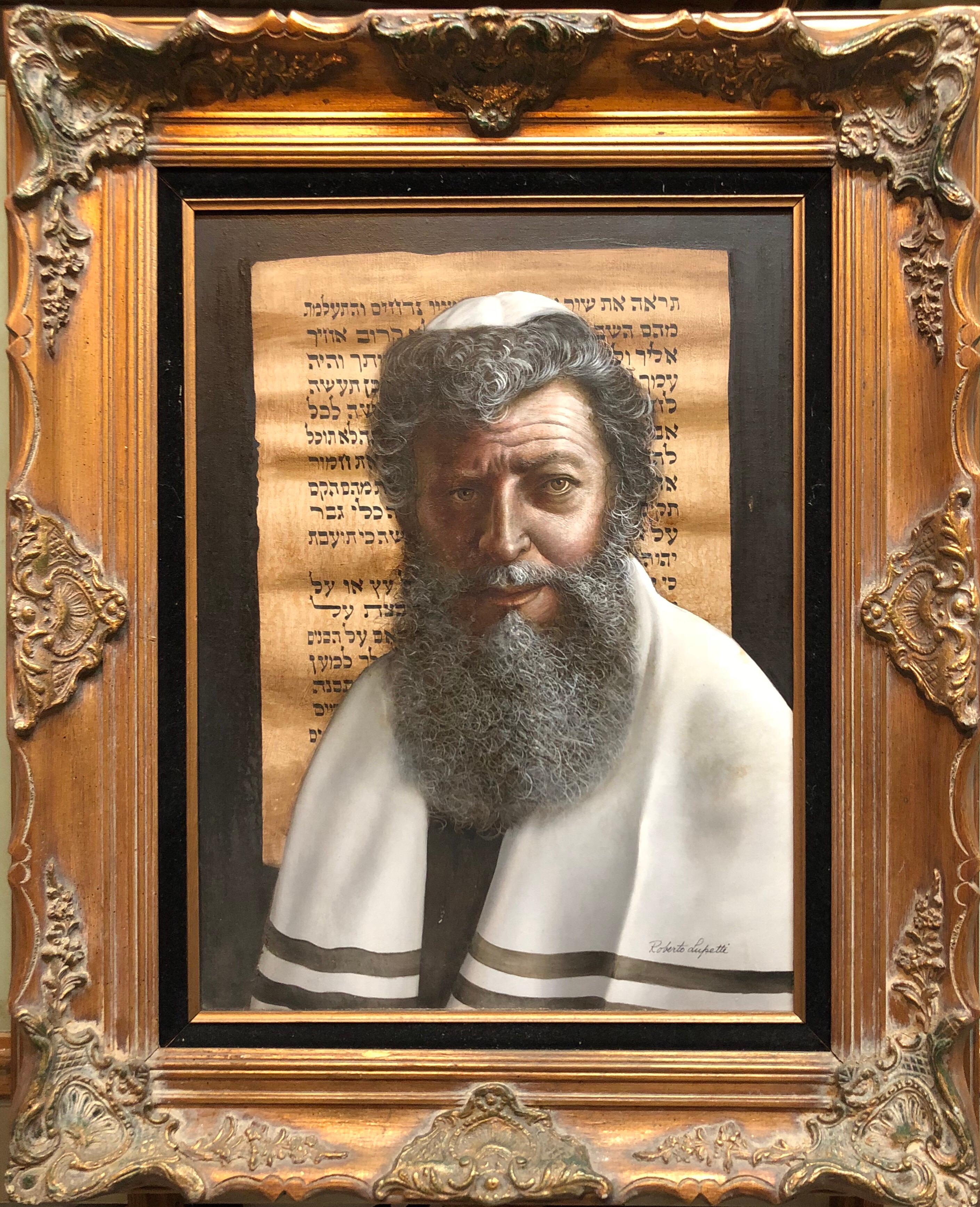 Roberto Lupetti Portrait Painting - Oil Painting "The Rabbi" Sensitive Judaica Portrait by Italian American master