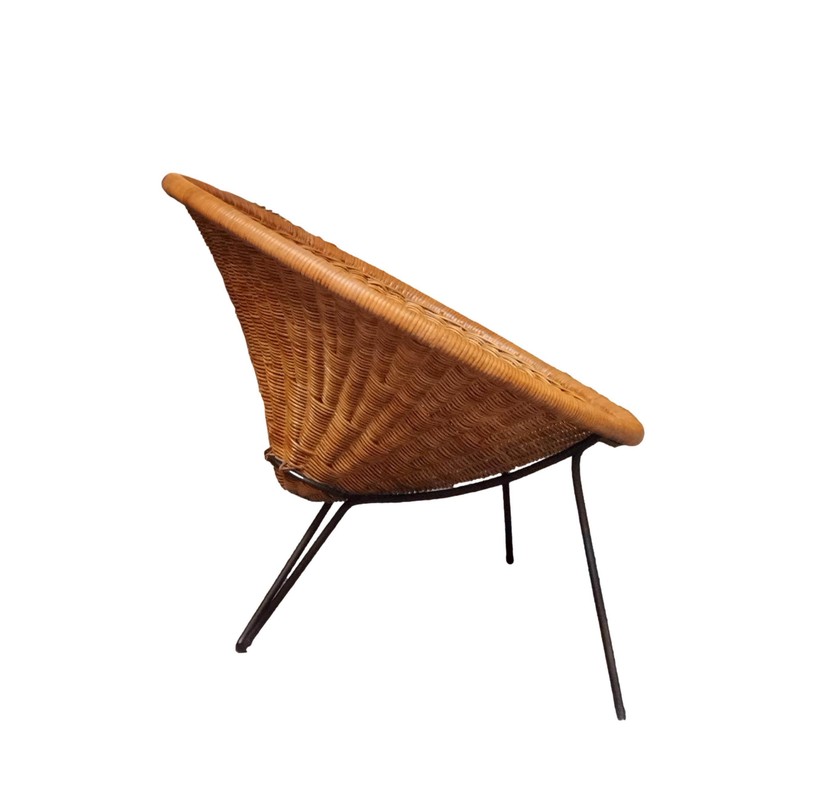 Mid-Century Modern Roberto Mango Iron and Bamboo Cone Wicker Armchair, Italy 1970s For Sale