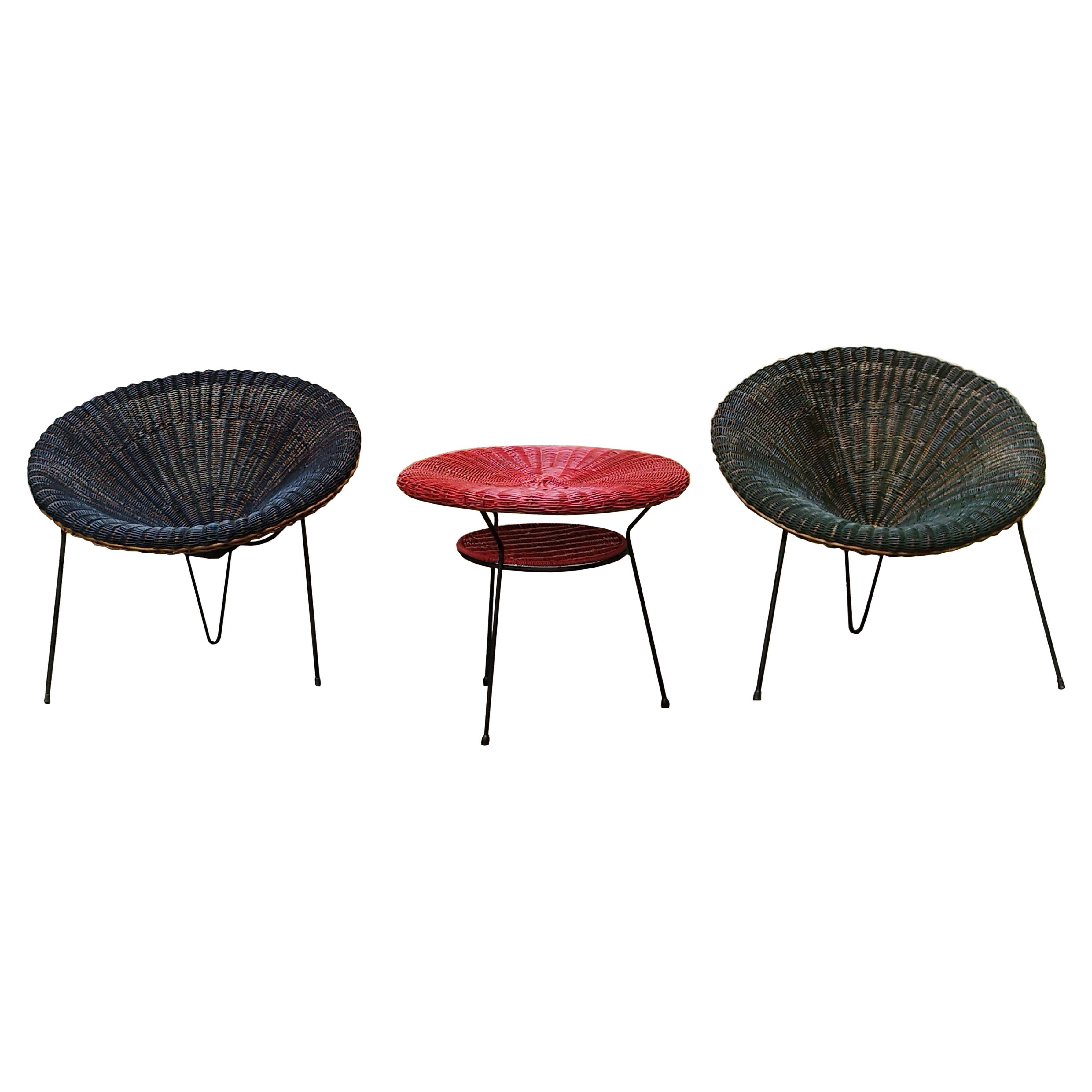 Roberto Mango Set aus zwei Sesseln und Couchtisch aus Rattan, Italien 1960er Jahre im Angebot