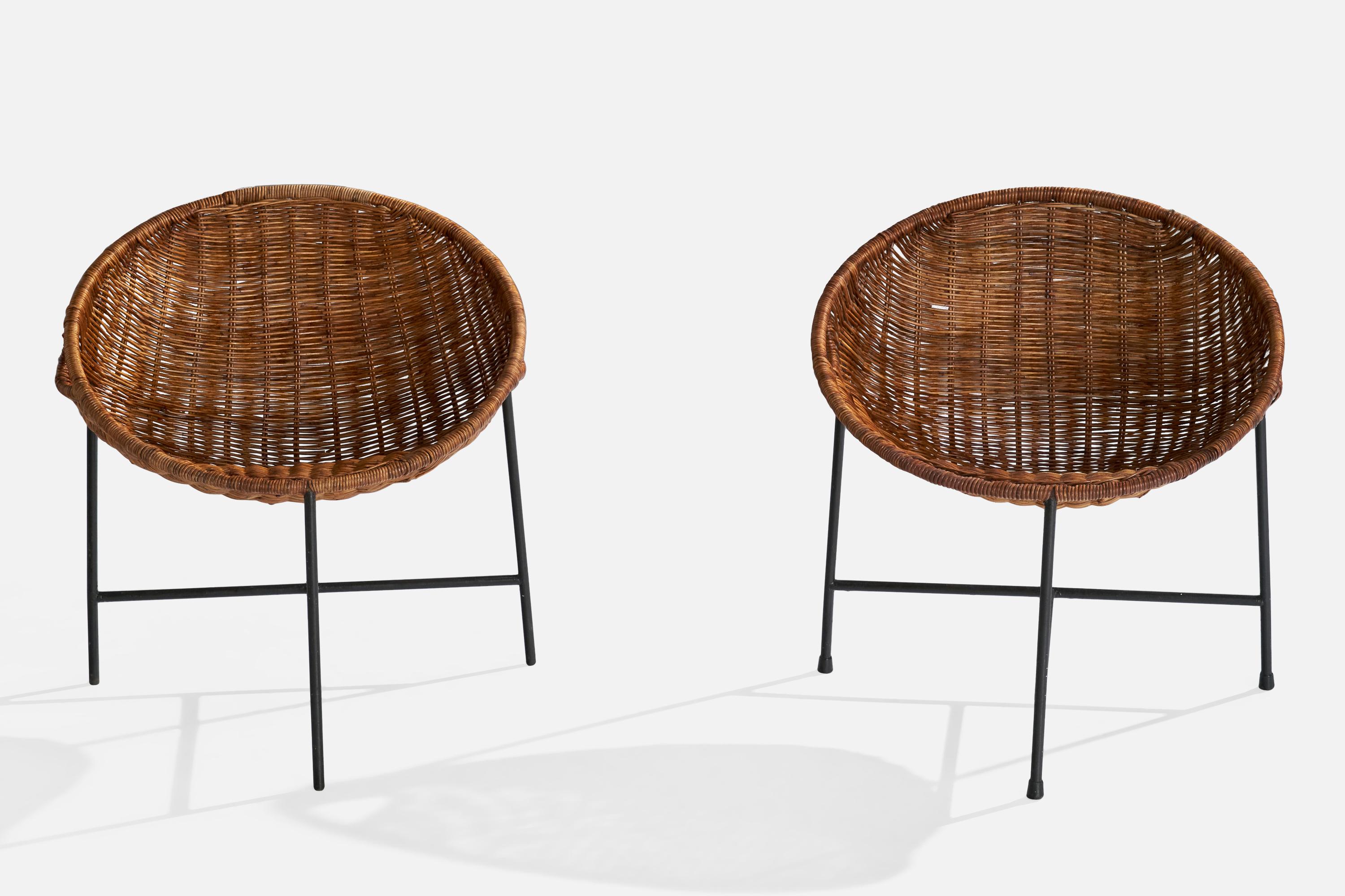 Mid-Century Modern Roberto Mango, Side Chairs, Iron, Rattan, Italy, 1950s For Sale