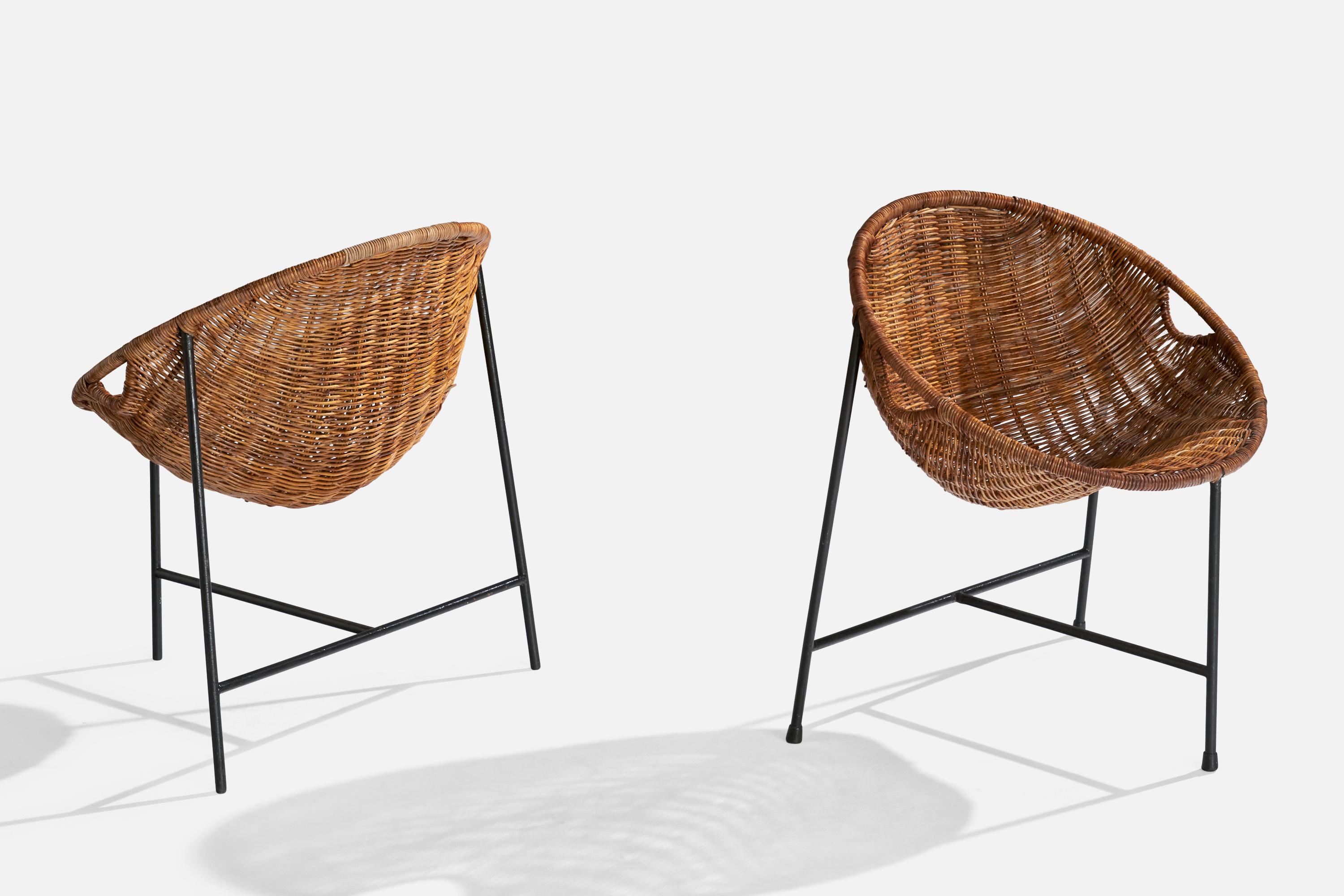 Italian Roberto Mango, Side Chairs, Iron, Rattan, Italy, 1950s For Sale