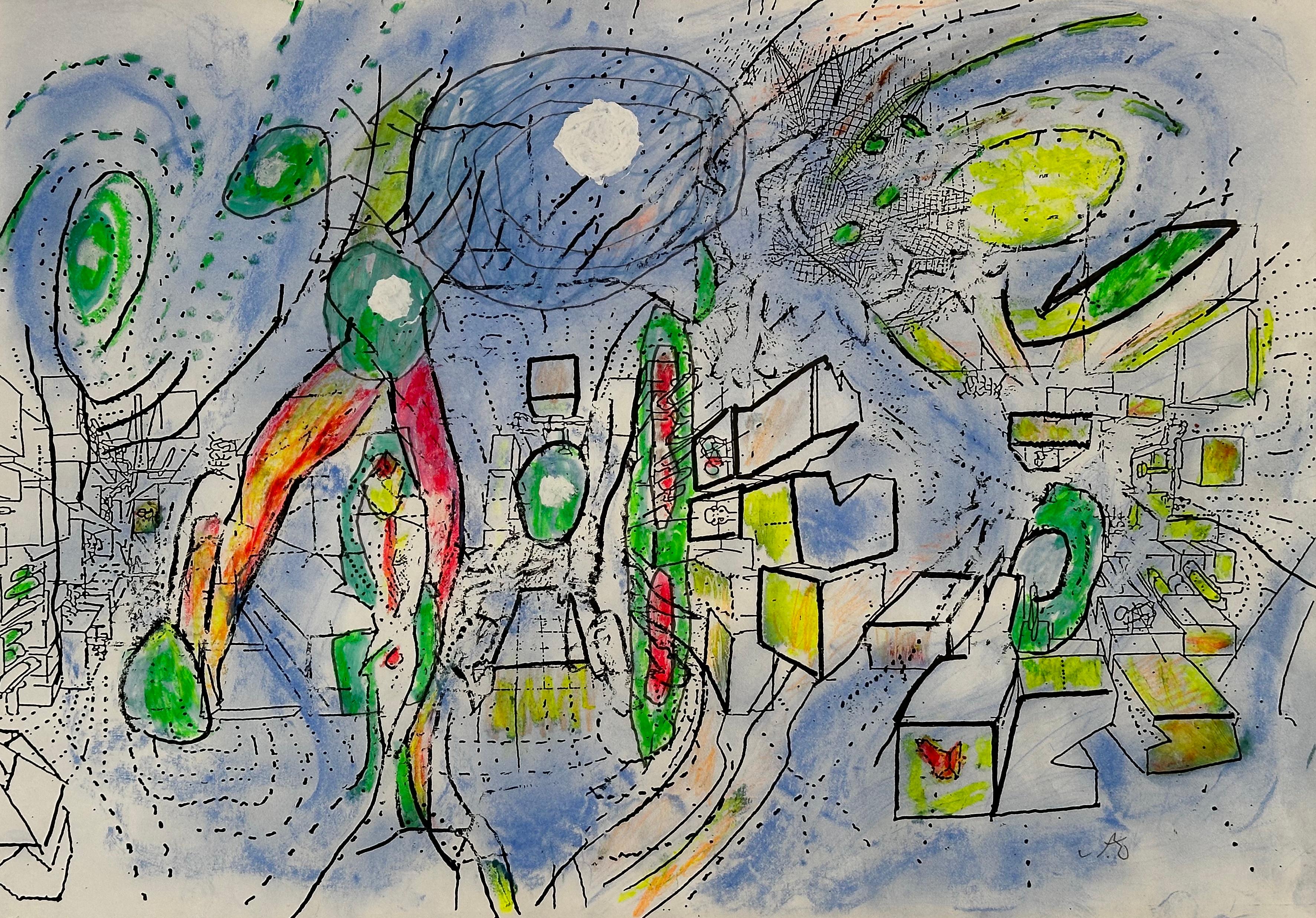 Sans Titre Zeichnung auf Druck, handkoloriert – Mixed Media Art von Roberto Matta