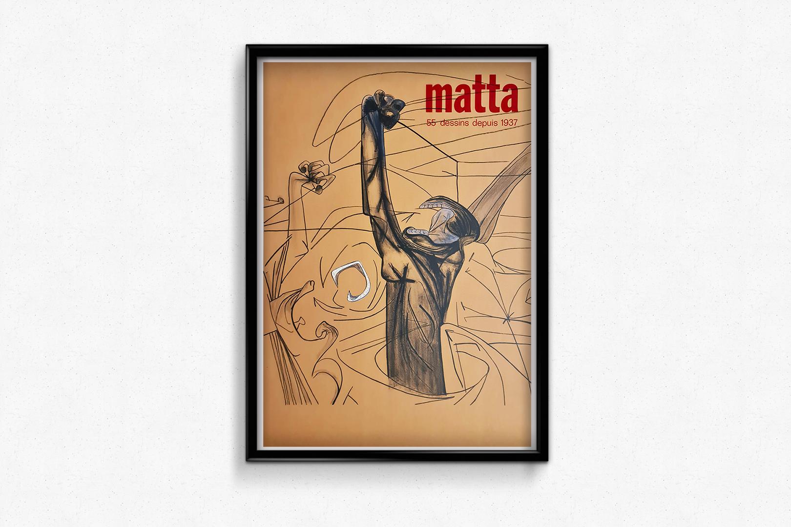 Beautiful poster of exhibition tracing the 55 drawings of Matta since 1937.

Born on November 11, 1911 in Santiago, Chile, he graduated in architecture from the Catholic University of Santiago in 1932 and then moved to Paris to work in Le