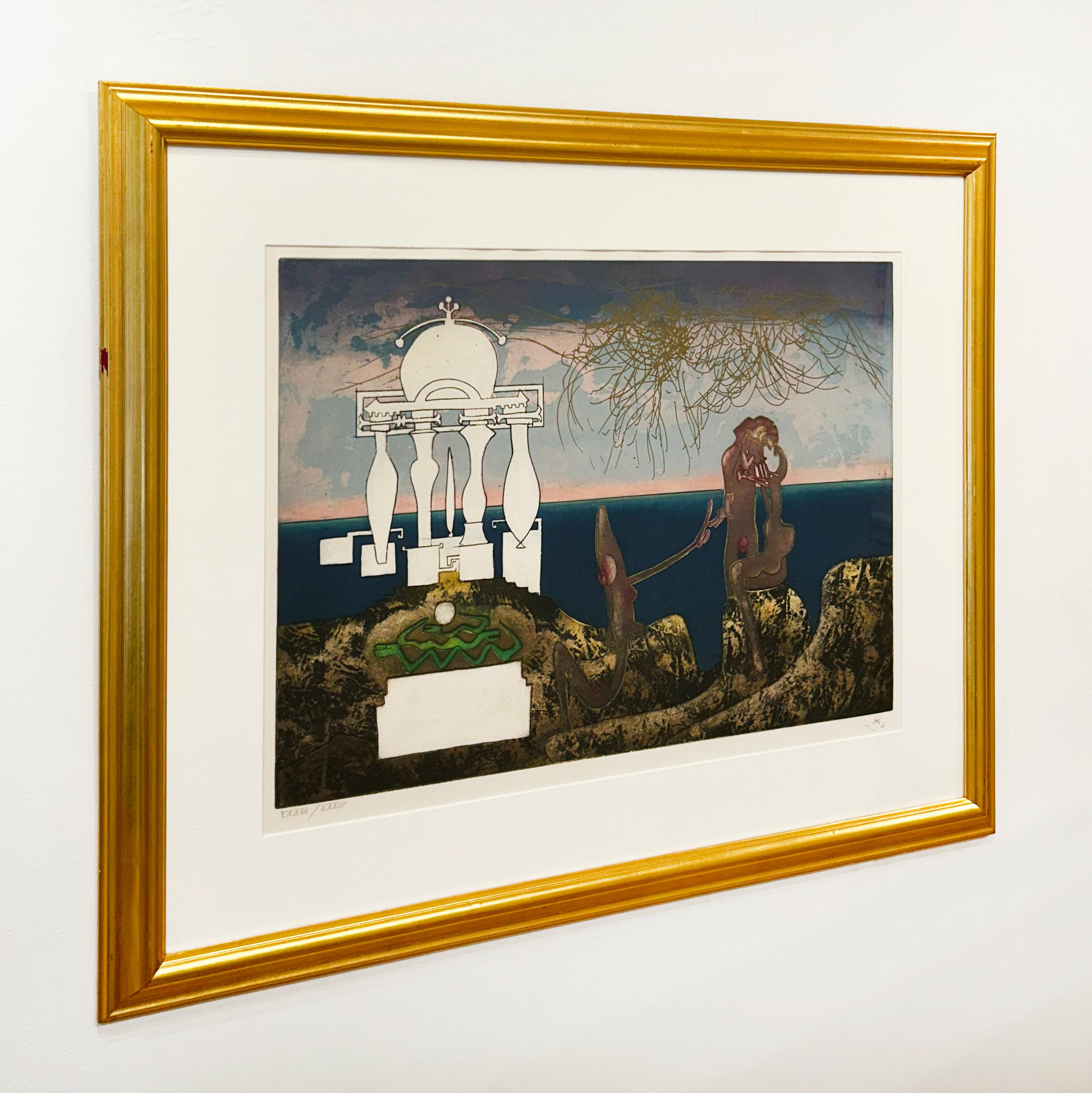Artist:  Matta, Roberto
Title:  6AM from L’Arc Obscur des Heures
Series:  The Obscure Arc of the Hours (Suite of 10)
Date:  1975
Medium:  Engraving
Unframed Dimensions:  25 x 36
Framed Dimensions:  33