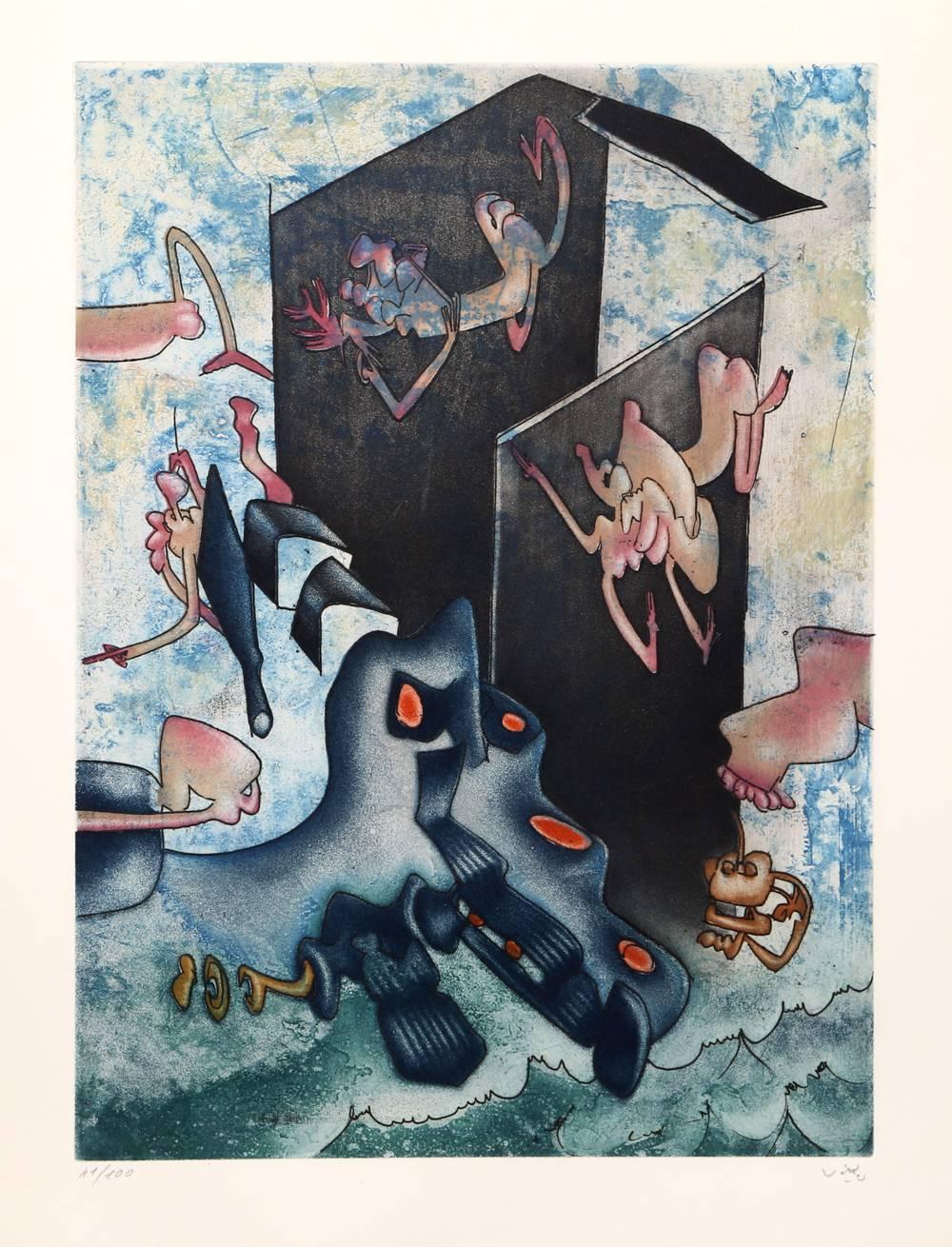 La Danza de la Muerte, Conjunto de 8 Aguafuertes de Matta - Figurative Print Gris de Roberto Matta
