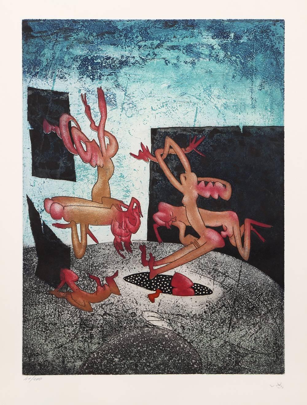 Artista: Roberto Matta, chileno (1911 - 2002)
Título: La Danza de la Muerte - Planche 1-8
Año: 1972
Técnica: Conjunto de 8 aguafuertes, cada uno firmado y numerado a lápiz
Edición: 41/100
Tamaño de la imagen: 20,75 x 15,25 pulgadas
Tamaño: 66,04 cm
