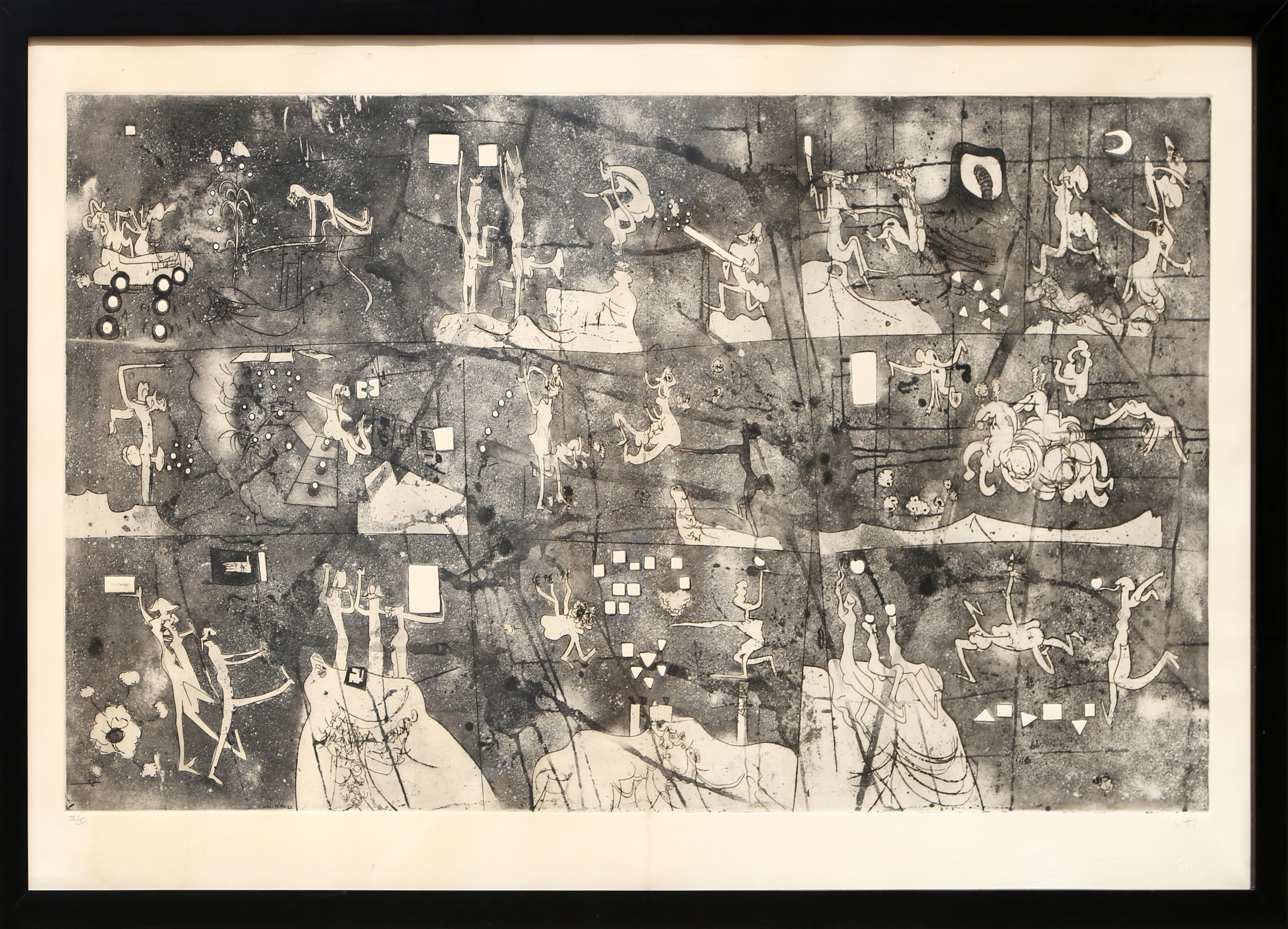 Une des premières œuvres à grande échelle de l'artiste chilien Roberto Matta. Dans cette œuvre surréaliste en noir et blanc, on peut voir différents personnages dans divers actes. Signé et numéroté au crayon. Cette édition ne fait pas partie de