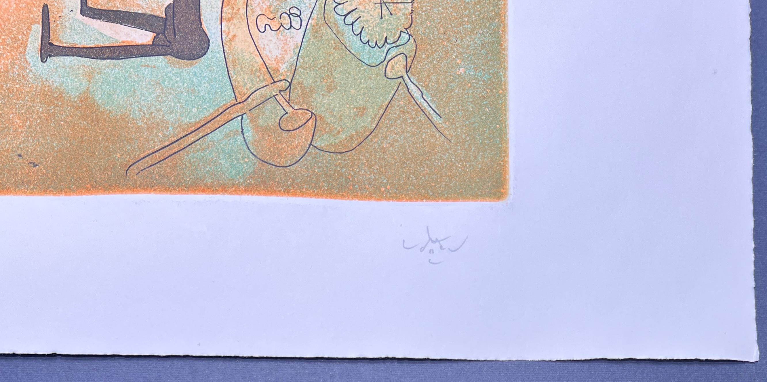 Folder containing four etchings and aquatint on paper.
Limited edition: 150 signed and numbered.
Each one signed in pencil by artist in lower right corner.
Very good conditions with deep bright colors.
Blind stamp at lower left corner.

Paper size: