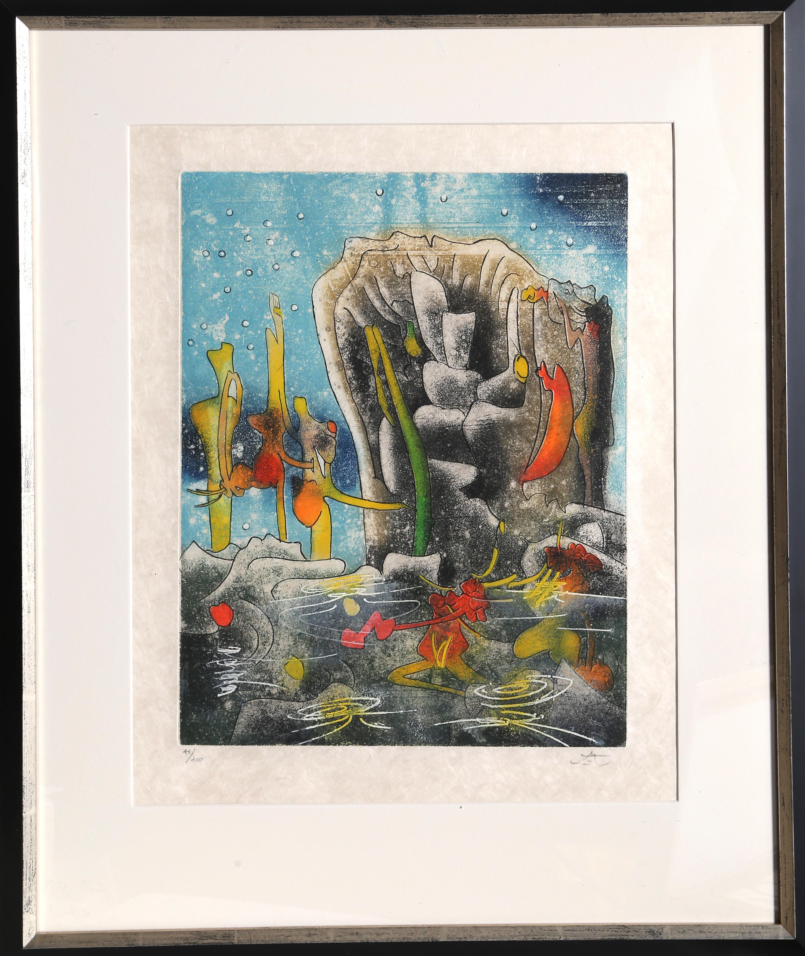 "Nymphee" is a colorful Roberto Matta etching from his Requiem pour la Fin des Temps suite. The print is signed and numbered (44/100) in pencil with the printer's blindstamp (Georges Visat) lower right. Image size 16 x 12.5 inches.