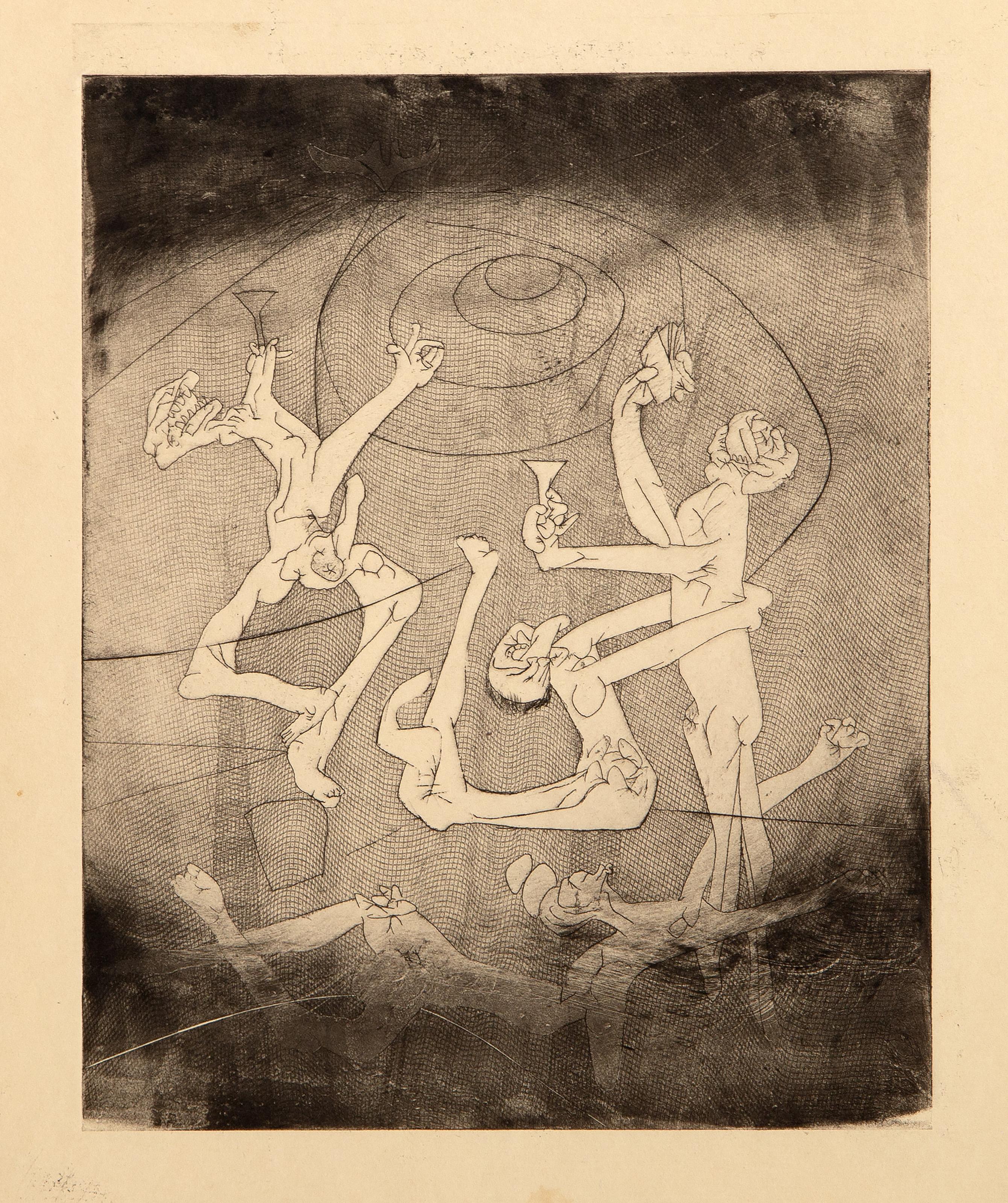 Levantando una copa, aguafuerte surrealista de Roberto Matta
