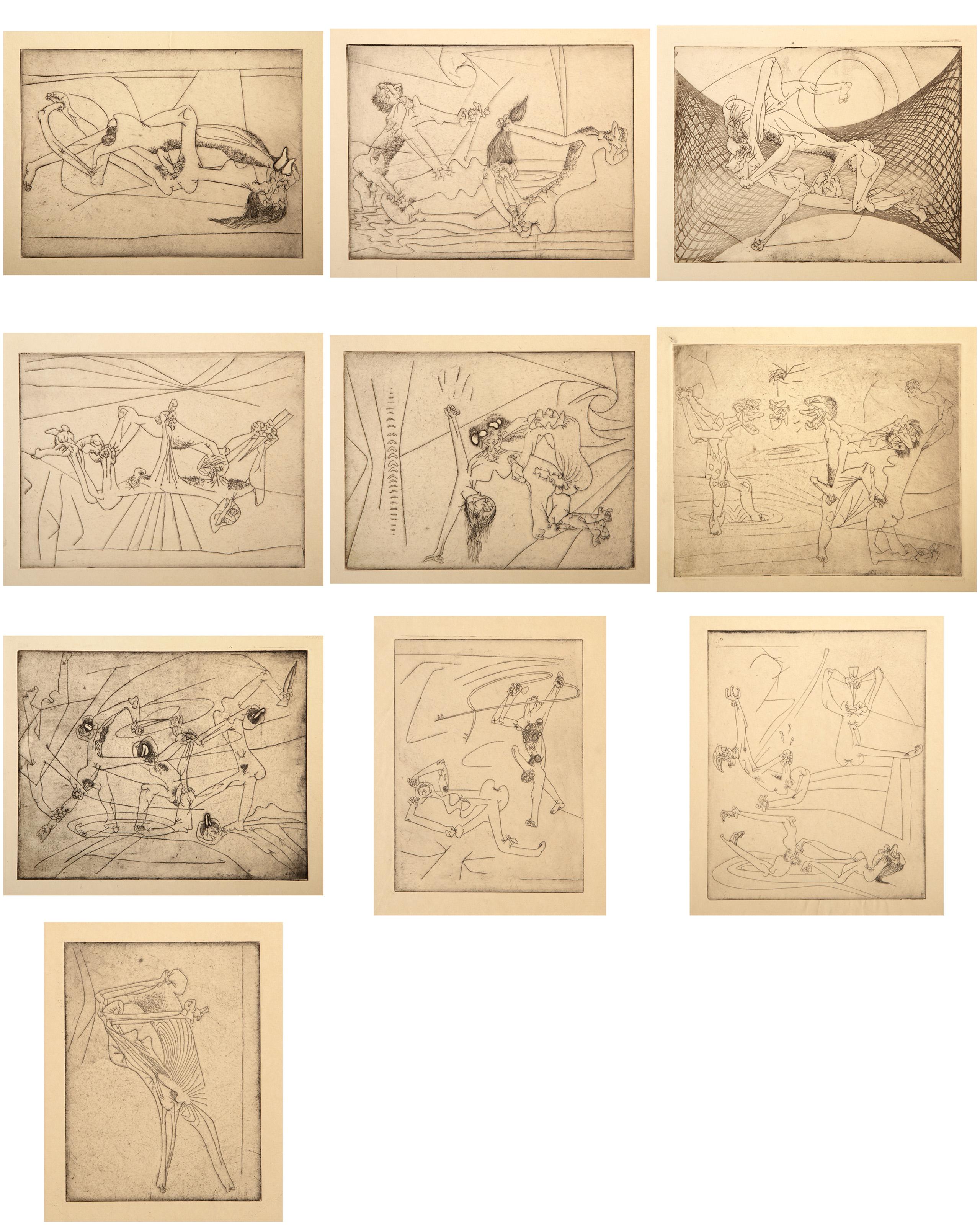  Roberto Matta, chileno (1911 - 2002) -  La Nueva Escuela, Año: 1943, Técnica: Conjunto de 10 grabados, sin portada, Tamaño de la imagen: 7,75 x 6 pulgadas, Tamaño: 15 x 11,75 pulgadas (38,1 x 29,85 cm), Referencia: Sabatier 1-7 (4 grabados no