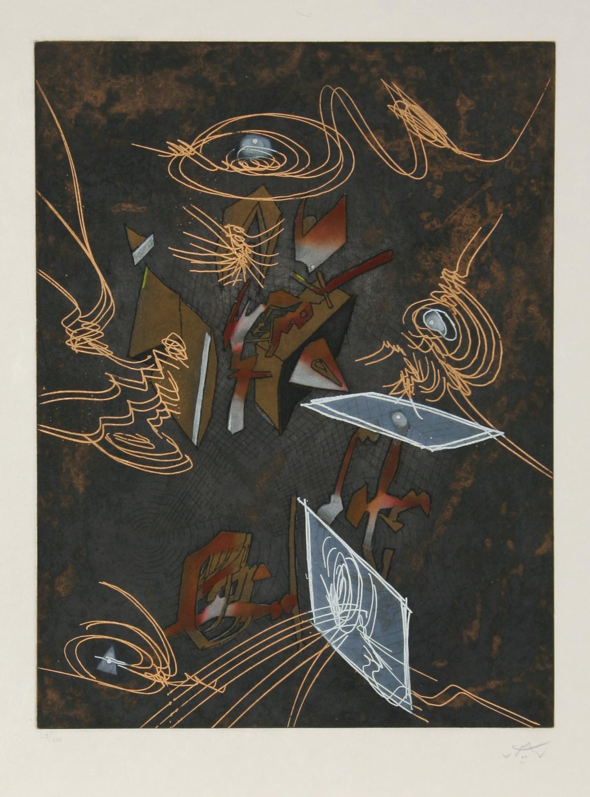 Artist: Roberto Matta (Chilean, 1911 - 2002)
Title: Untitled 9
Portfolio: Hom'mere V - N'ous
Date: 1985
Medium: Etching and aquatint, signed and numbered in pencil
Edition: 29/100
Image size: 19.5 x 15 inches
Paper size: 26.5 x 20.5 inches

