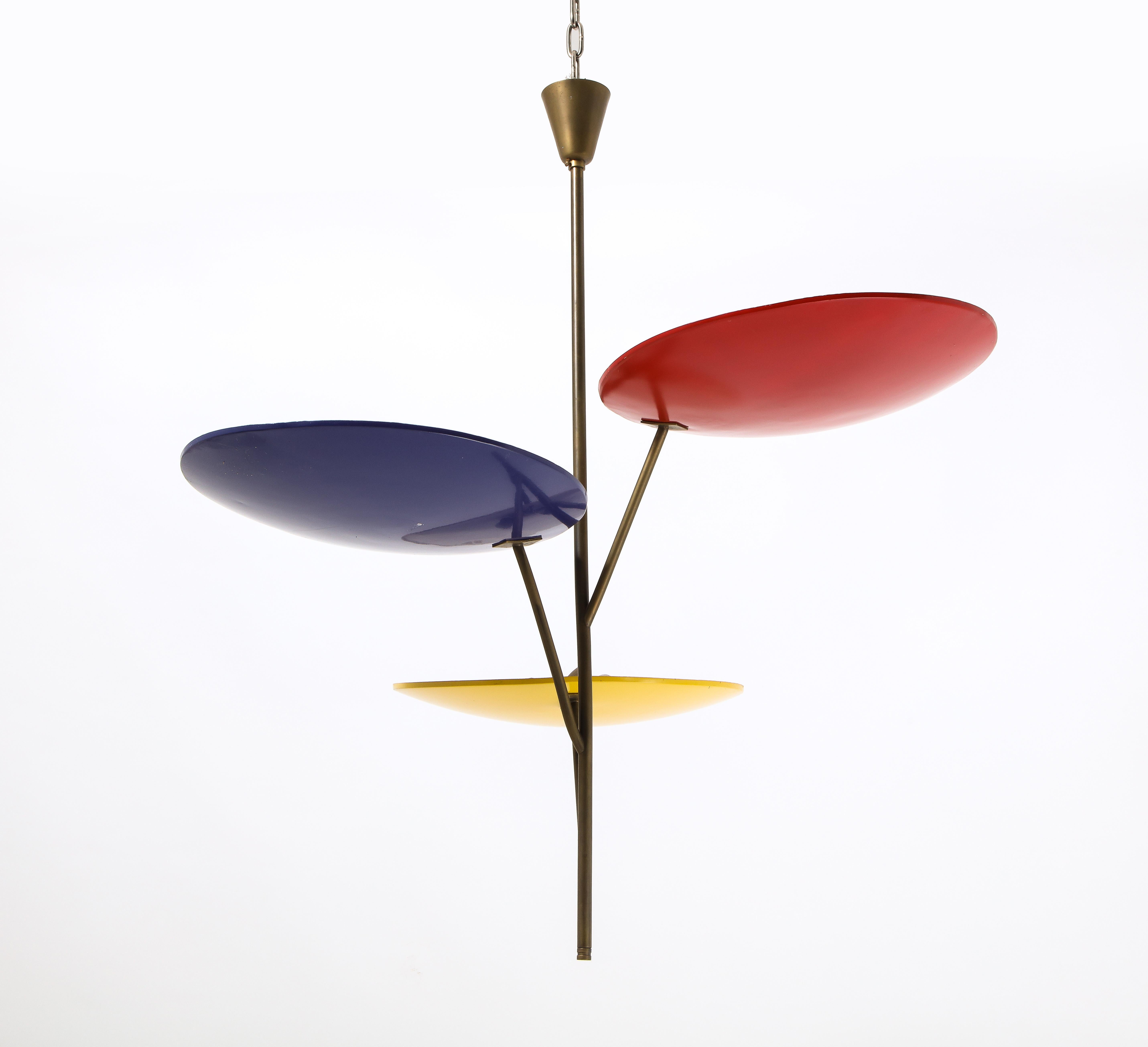 Brass Tri Color Sculptural Pendant Chandelier, Italy 1960's For Sale