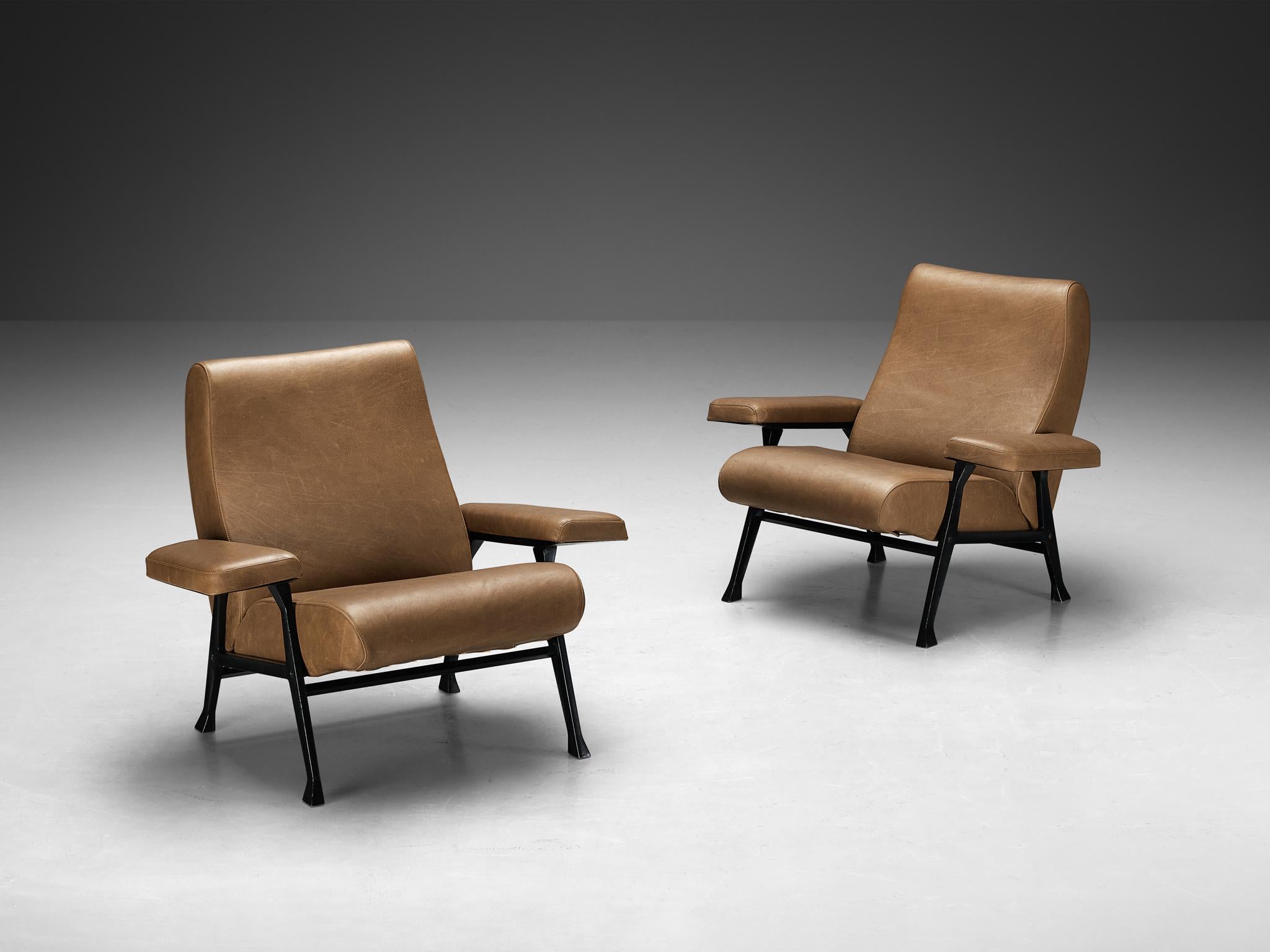Roberto Menghi for Arflex, pair of ‘Hall’ lounge chairs, metal, leather, Italy, 1958

In 1958, Roberto Menghi designs an interesting series of armchairs and sofas for Arflex. The designer titled the designs as the ‘Hall’ collection. A year later,