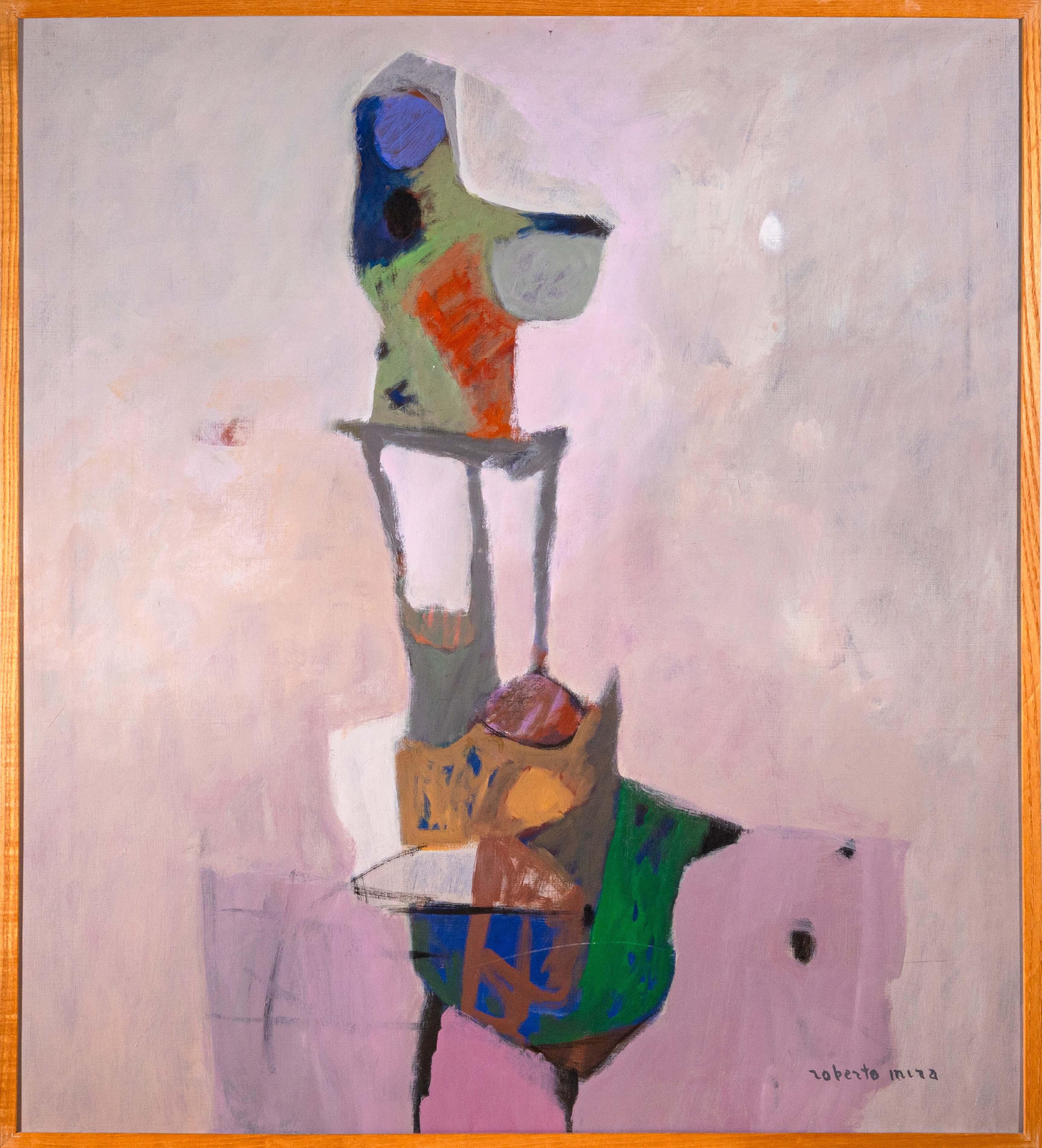 A postmodern abstract oil painting on canvas signed Roberto Miro on the bottom right corner. Circa 1990s. Inspired by the tradition of Color Field paintings. The background is comprised of soft pink and purples tones while the emerging abstracted