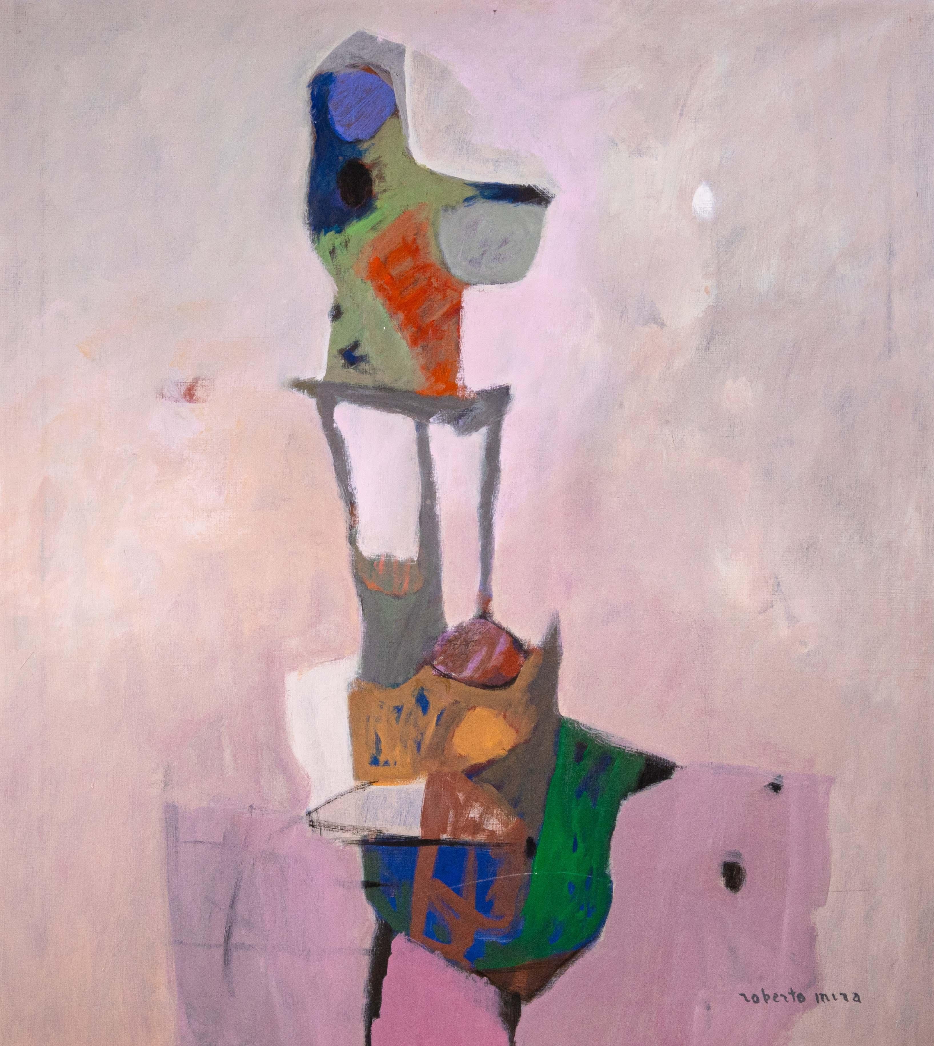 Unknown Roberto Mira Signed Postmodern Abstract Oil Painting on Canvas Framed 1990s