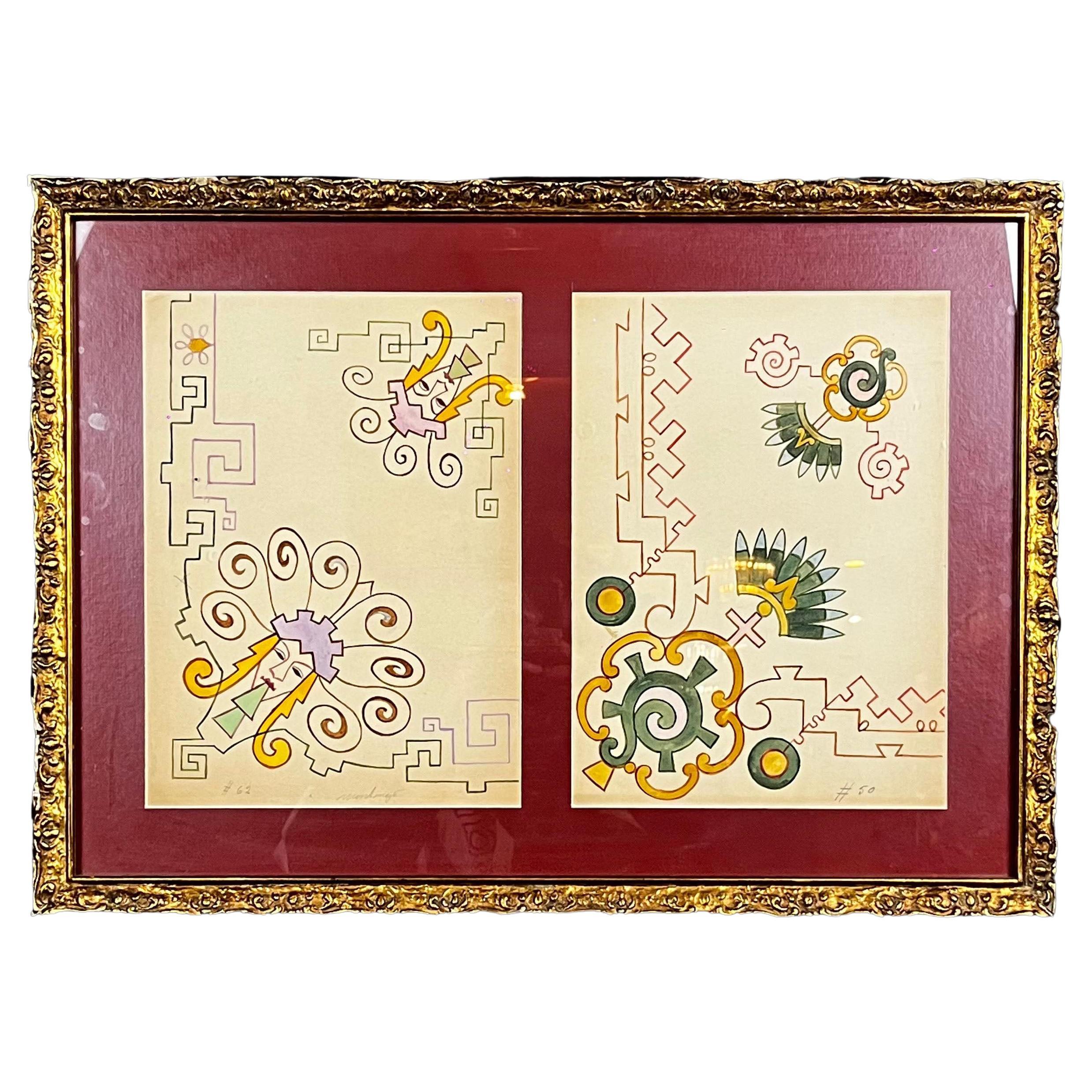 Roberto Montenegro Messicano Ca. 1950 Set di 2 disegni a tecnica mista su carta in vendita