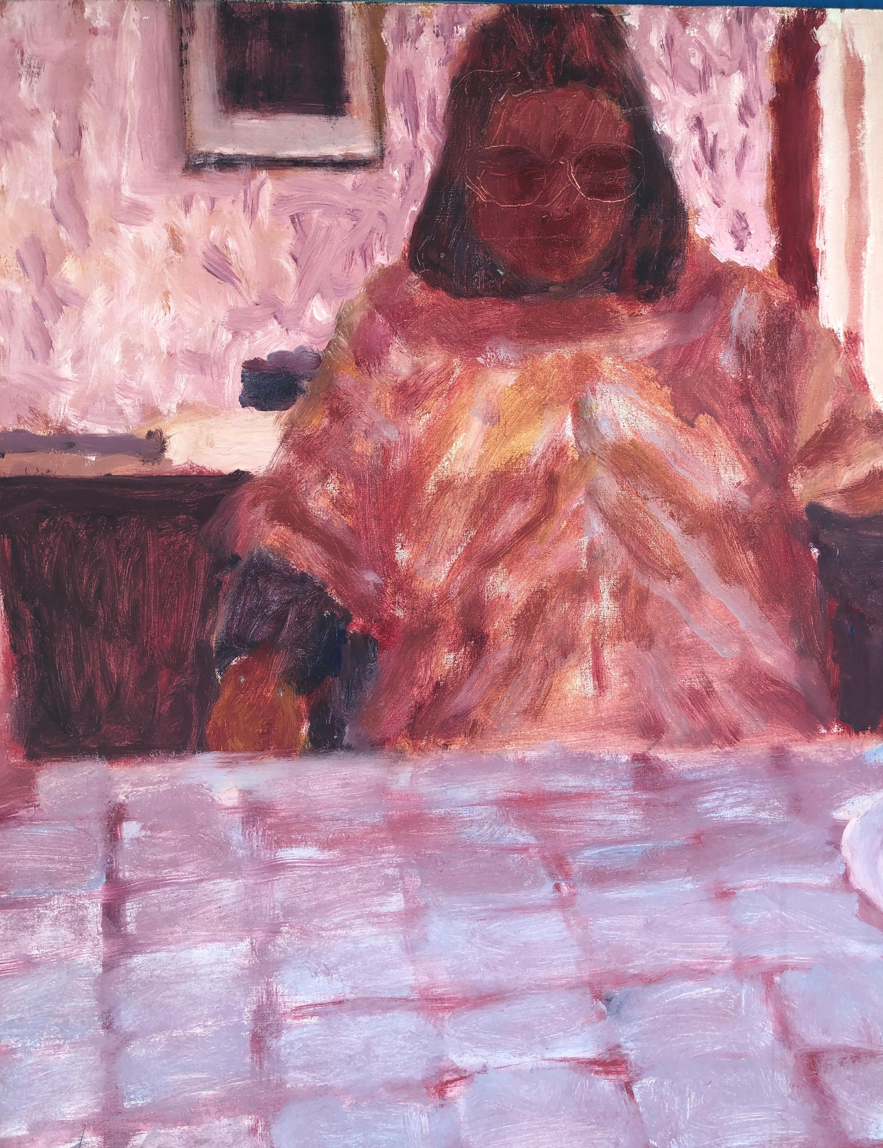 Waiting for the food fauvist oil on canvas painting - Brown Portrait Painting by Roberto Ortuño Pascual