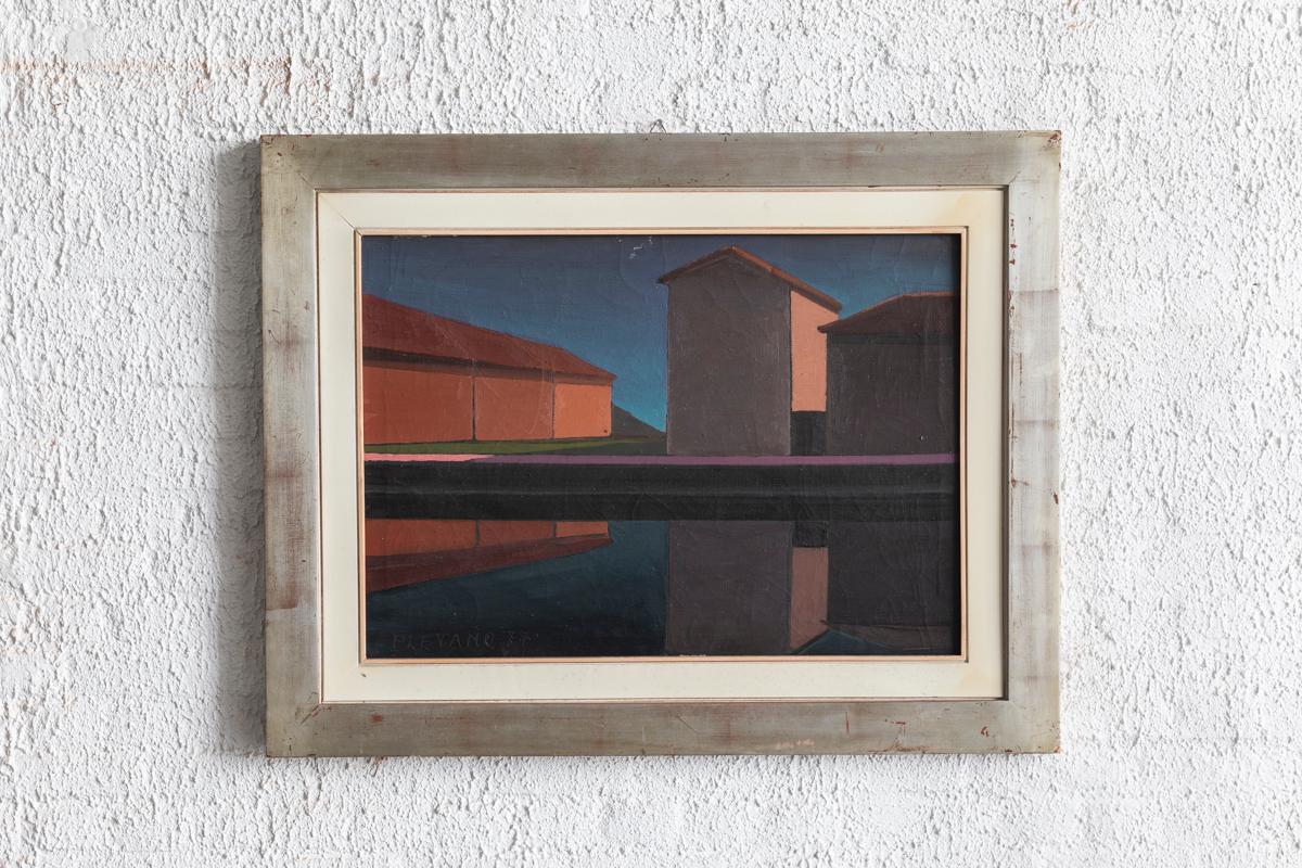 Oiled Roberto Plevano Painting ‘Il Naviglio Grande, Corsico’, Italy, 1977 For Sale