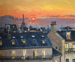 Paris rooftops at sunset, France, Painting, Oil on Canvas