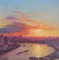 View of London at sunset, Painting, Oil on Canvas