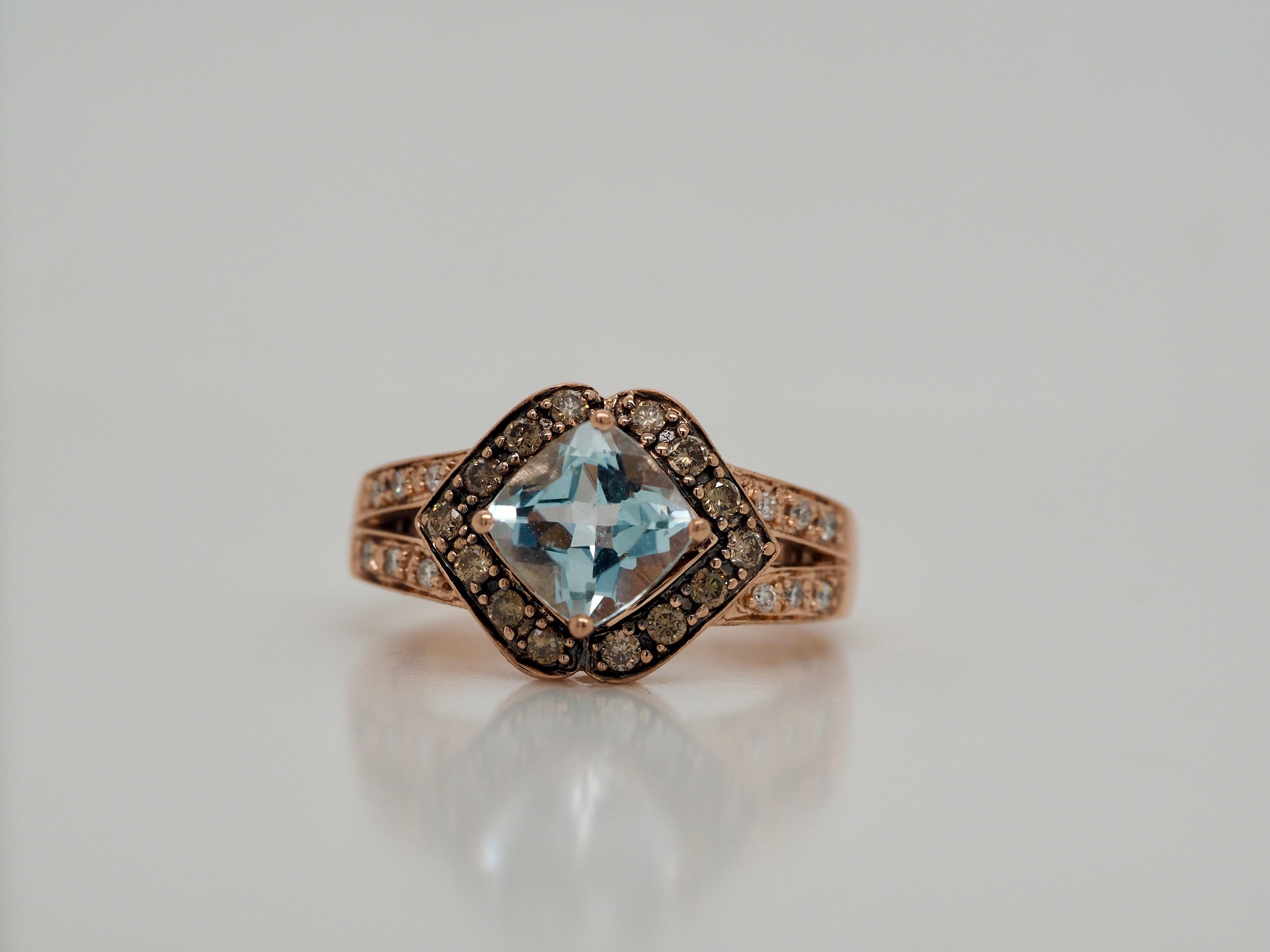 Roberto Ricci 14 Karat Rose Gold Light Blue Topaz and Diamond Ring In Excellent Condition For Sale In Addison, TX