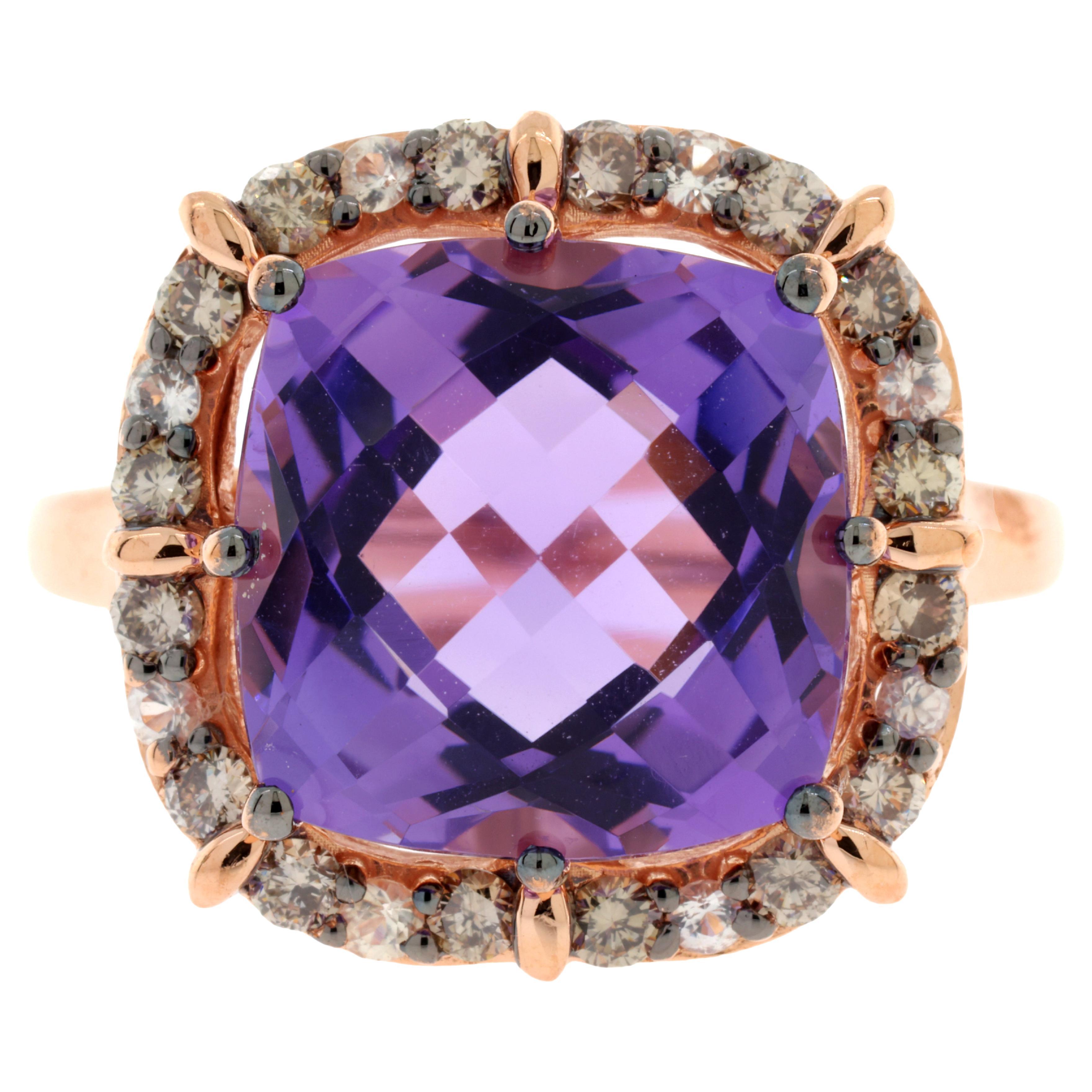 Roberto Ricci Checkerboard Cushion Cut Amethyst Ring with Halo in 14K Rose Gold  For Sale