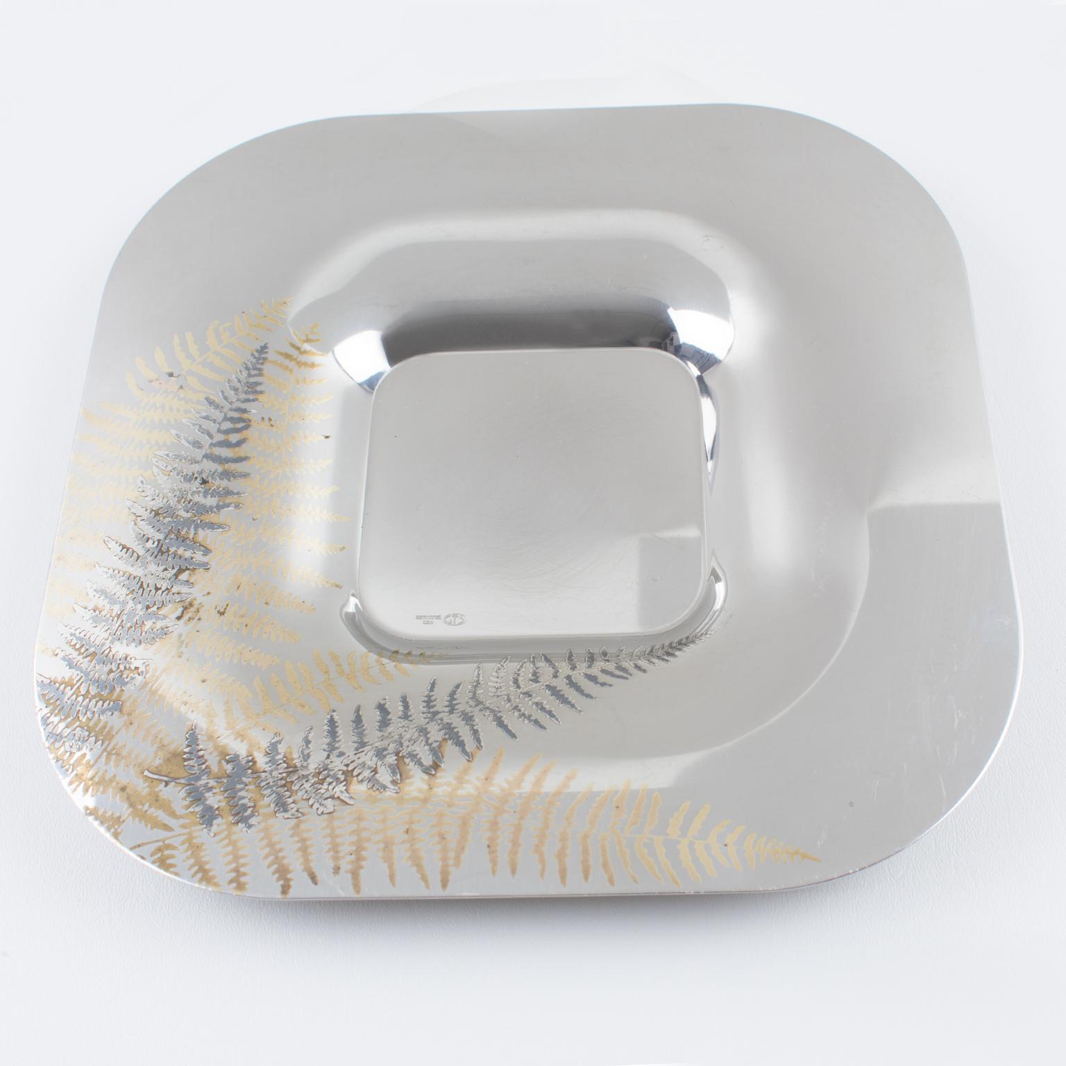 Moderne Roberto Sambonet Chrome Centerpiece Serving Bowl Dish with Copper Fern en vente