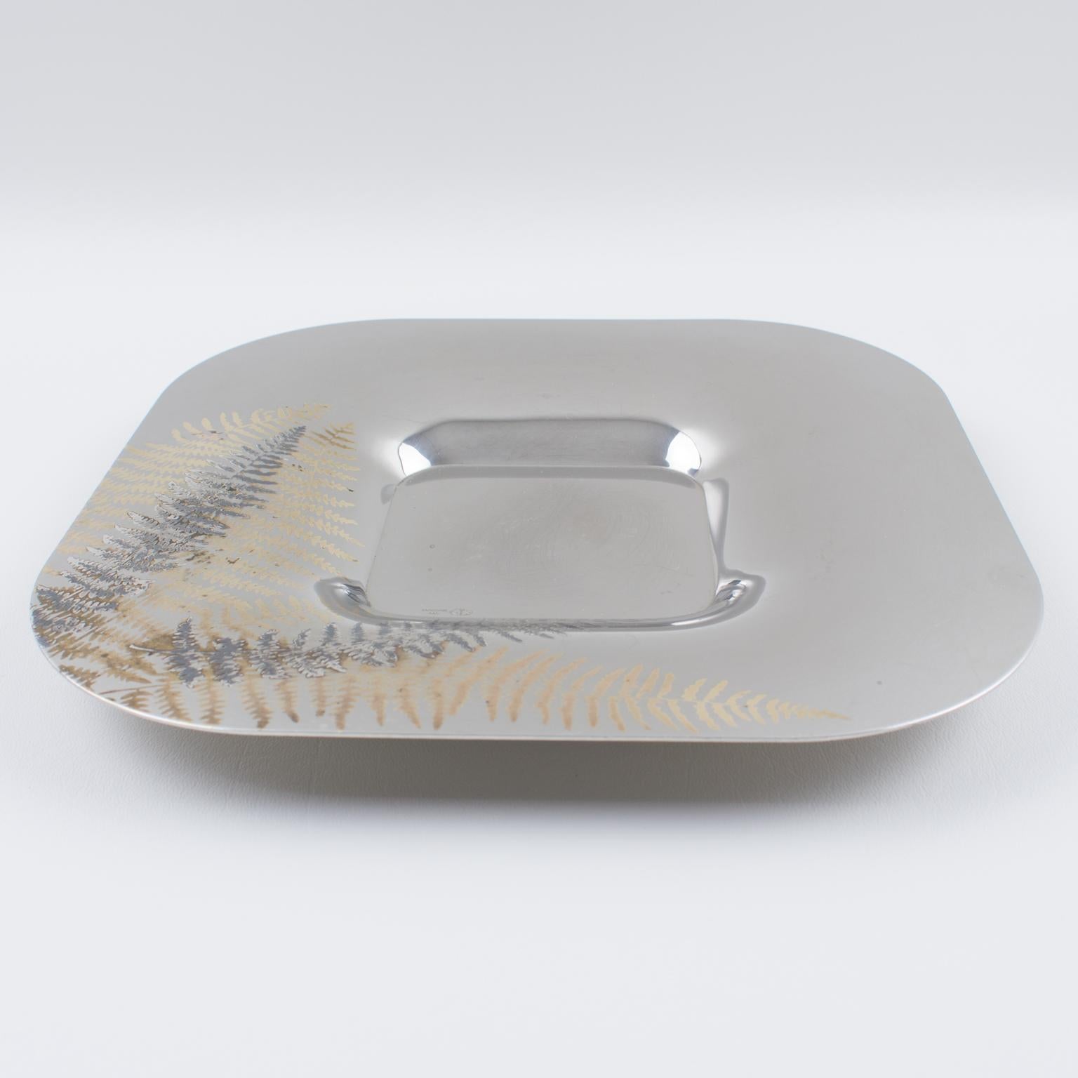 Roberto Sambonet Chrome Centerpiece Serving Bowl Dish with Copper Fern Bon état - En vente à Atlanta, GA