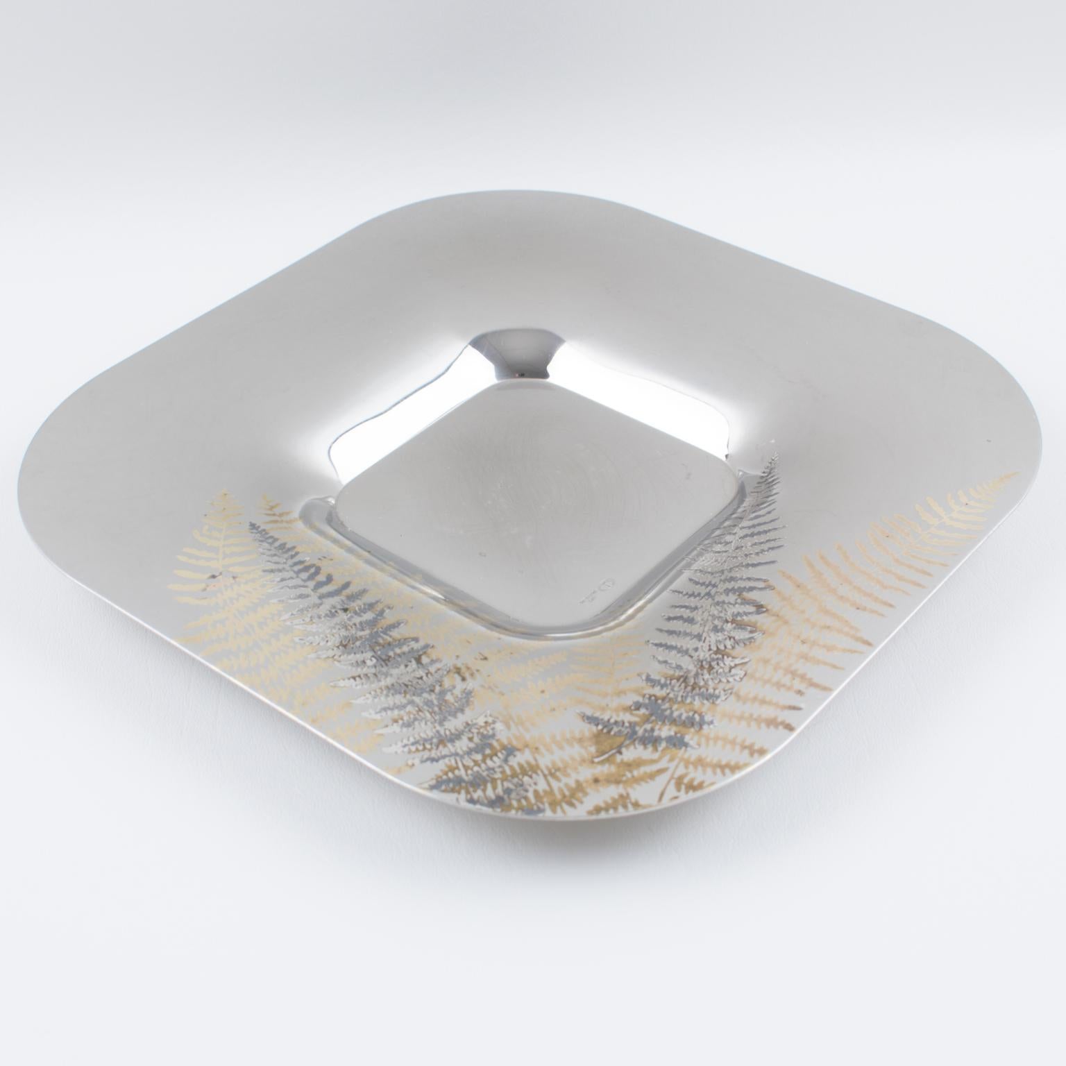 italien Roberto Sambonet Chrome Centerpiece Serving Bowl Dish with Copper Fern en vente