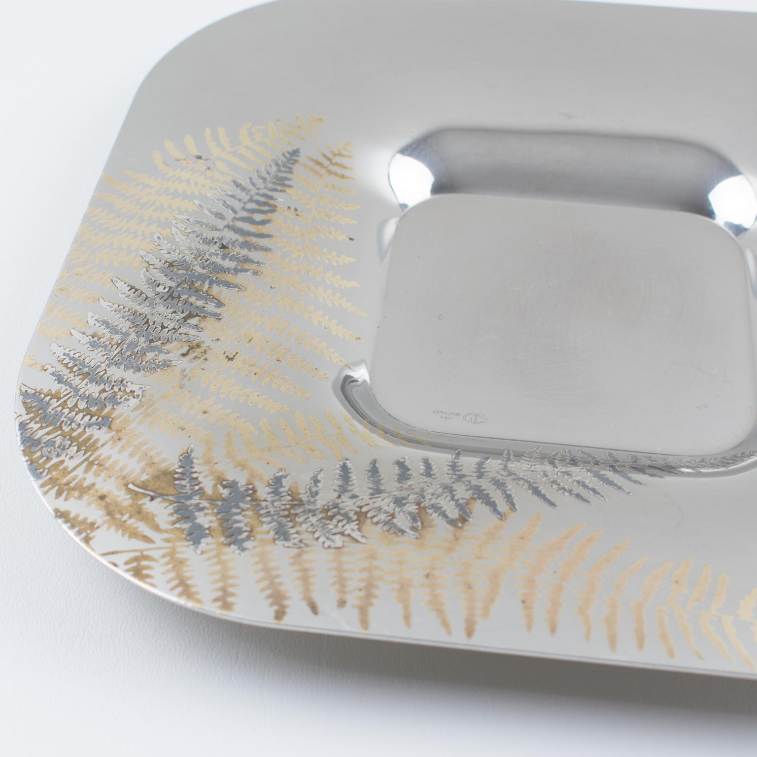 Fin du 20e siècle Roberto Sambonet Chrome Centerpiece Serving Bowl Dish with Copper Fern en vente
