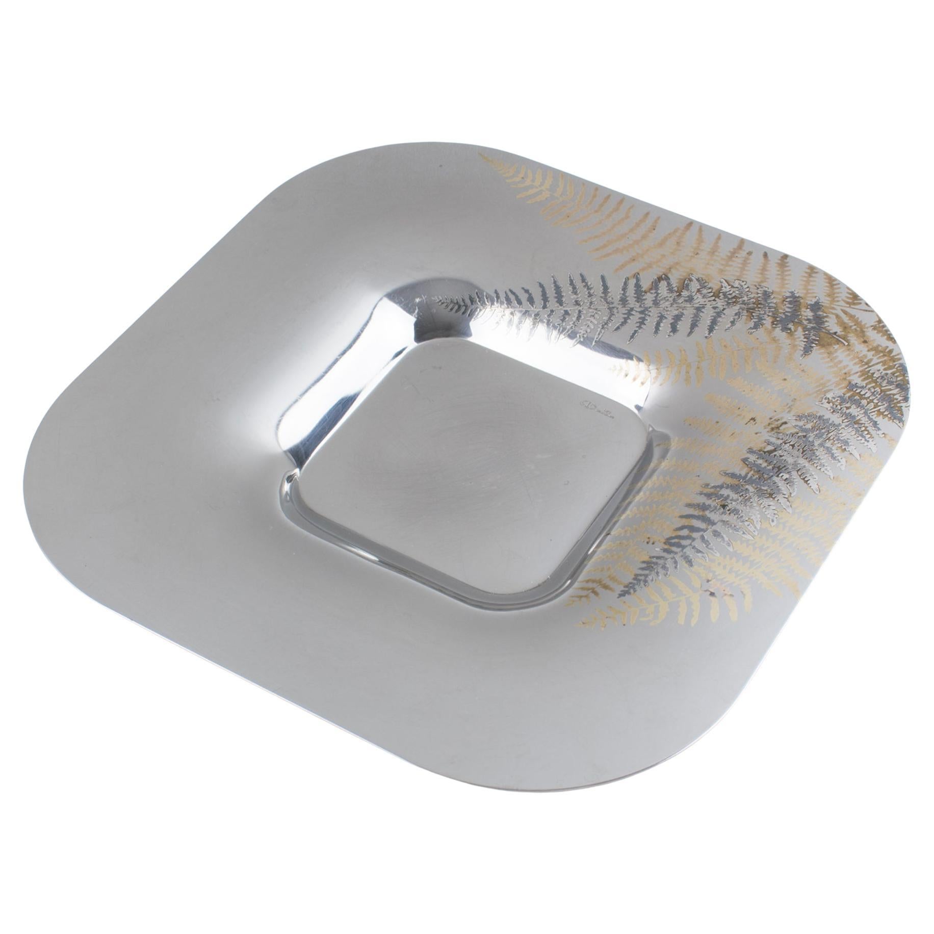 Roberto Sambonet Chrome Centerpiece Serving Bowl Dish with Copper Fern For Sale