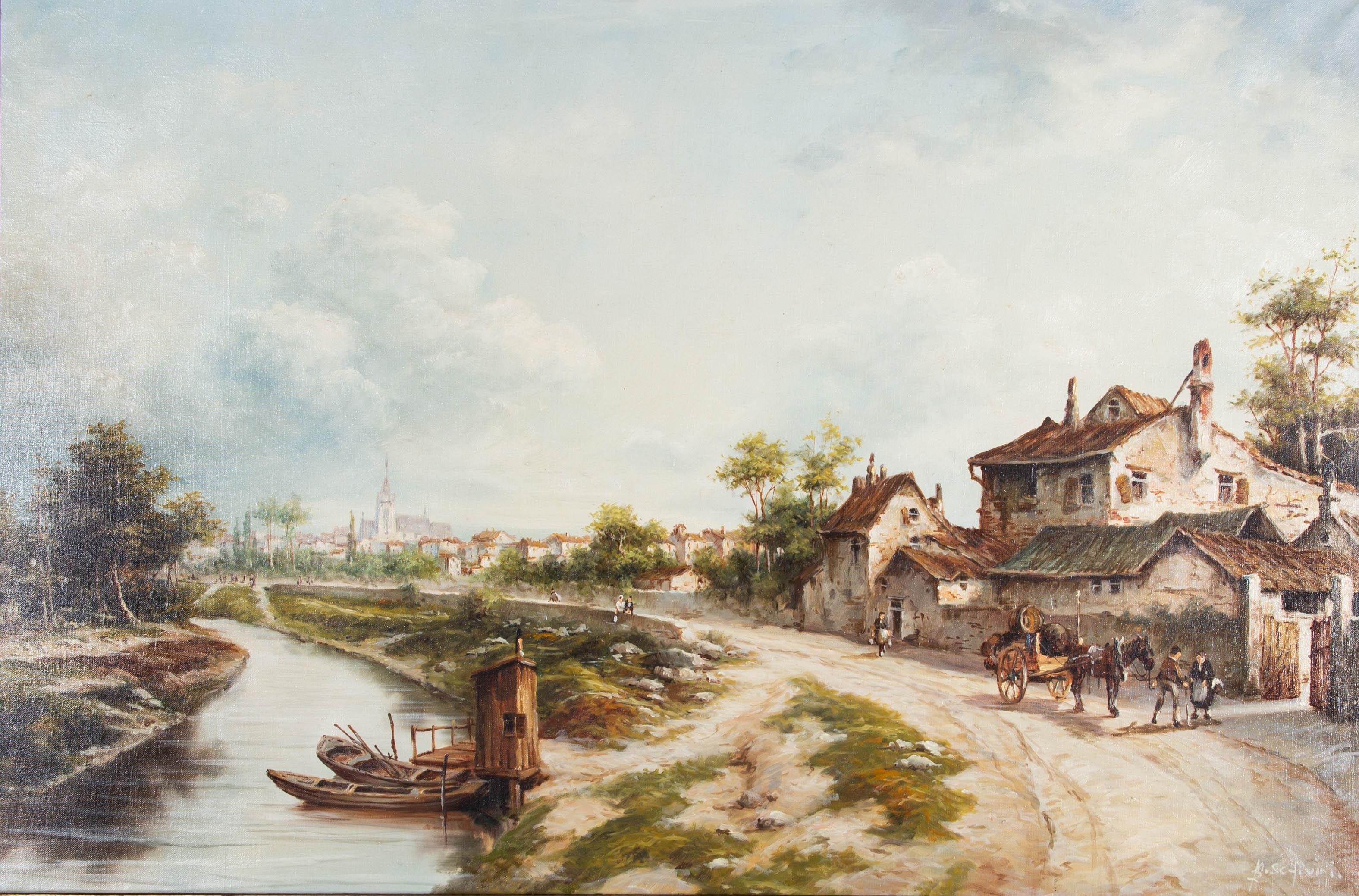 Roberto Scalvini (né en 1950) - Huile du XXe siècle, Scène de ville avec rivière en vente 1