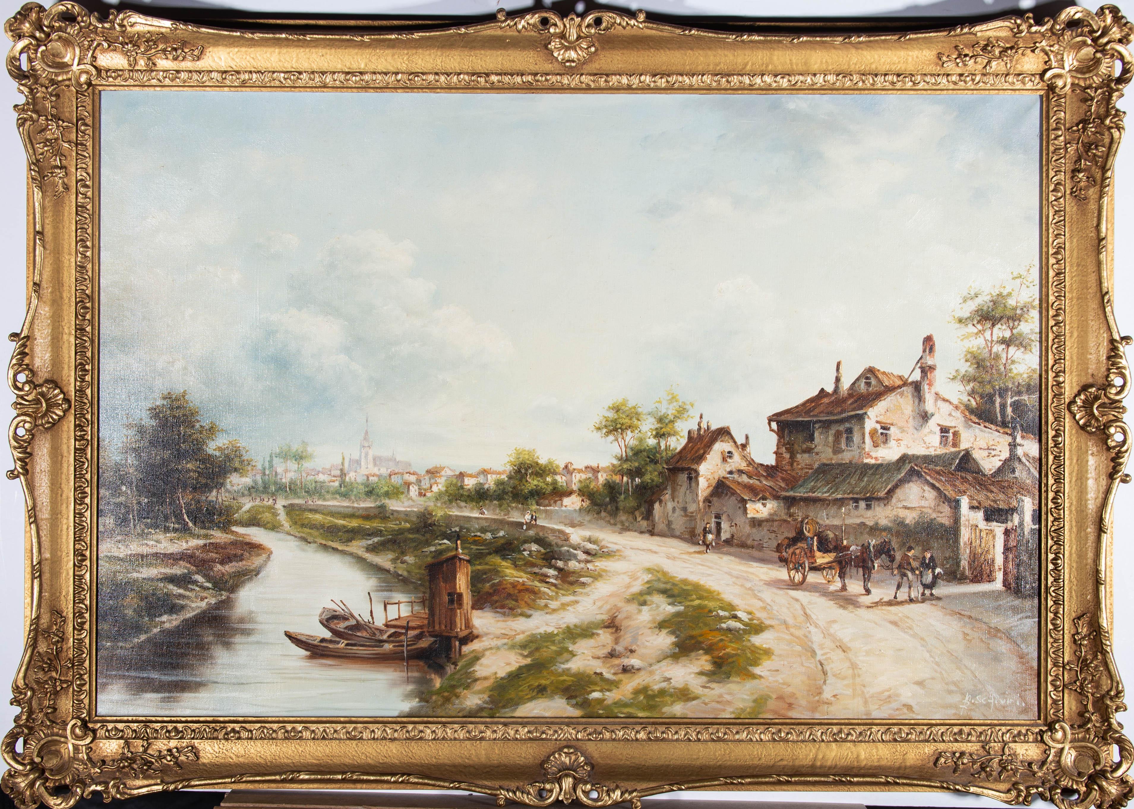 Une belle et charmante peinture à l'huile de l'artiste Roberto Scalvini, représentant une vue de ville avec des personnages se promenant le long d'une rivière. La précision des coups de pinceau et l'équilibre général de la composition mettent
