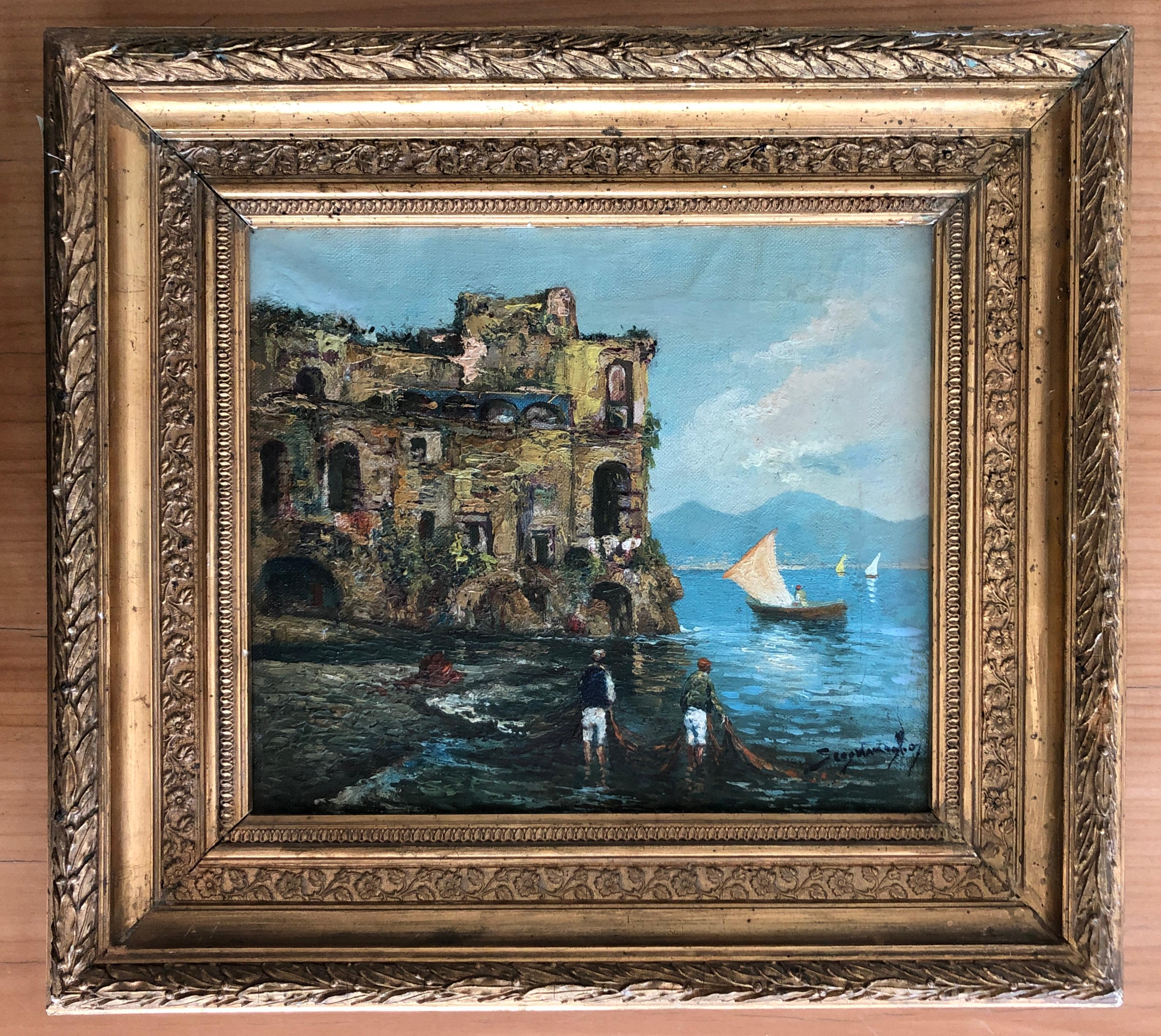 Bay of Naples and fishermen - Painting by Roberto Scognamiglio