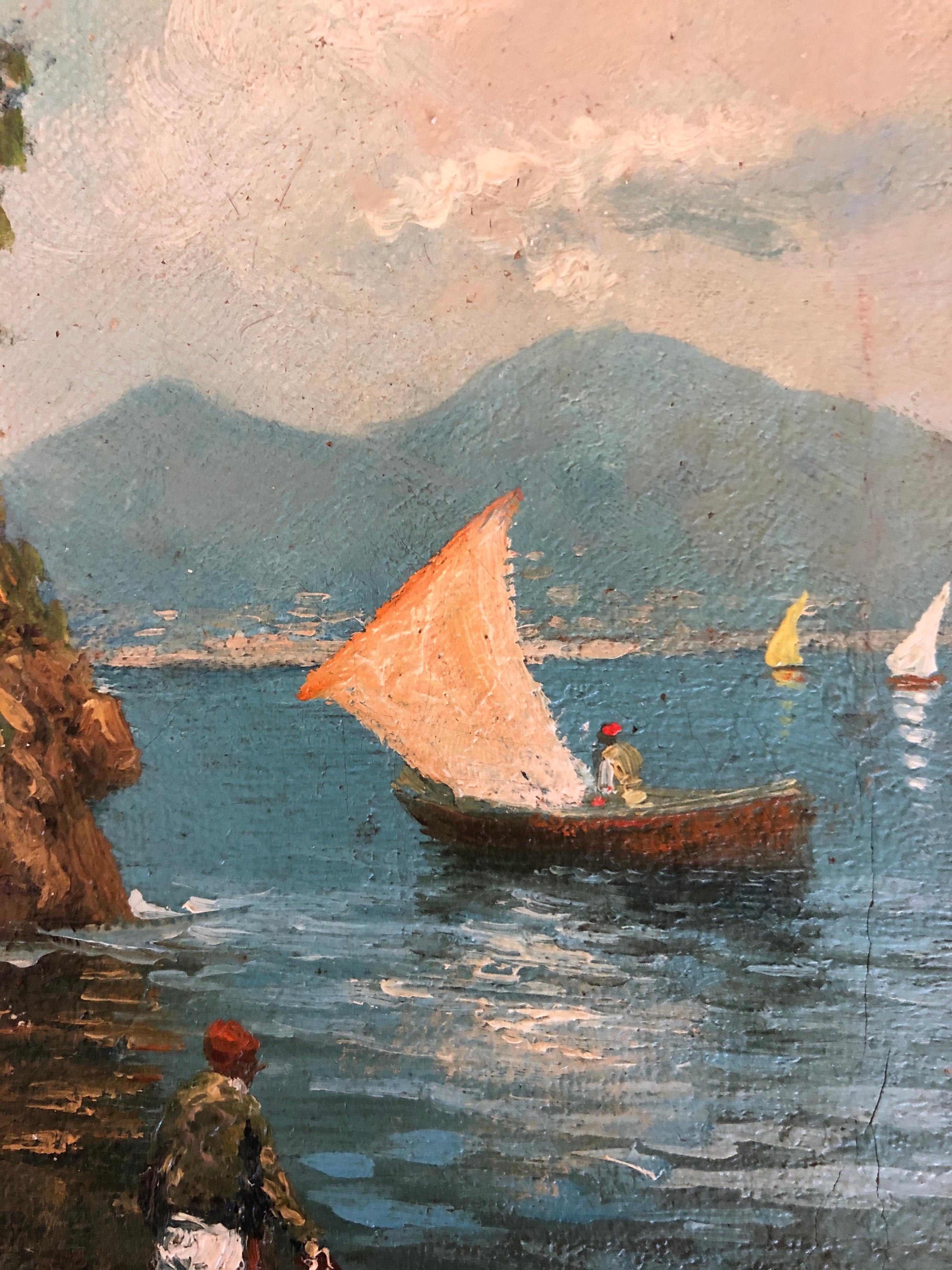 Baia di Napoli e pescatori - Figurative Painting Nero di Roberto Scognamiglio