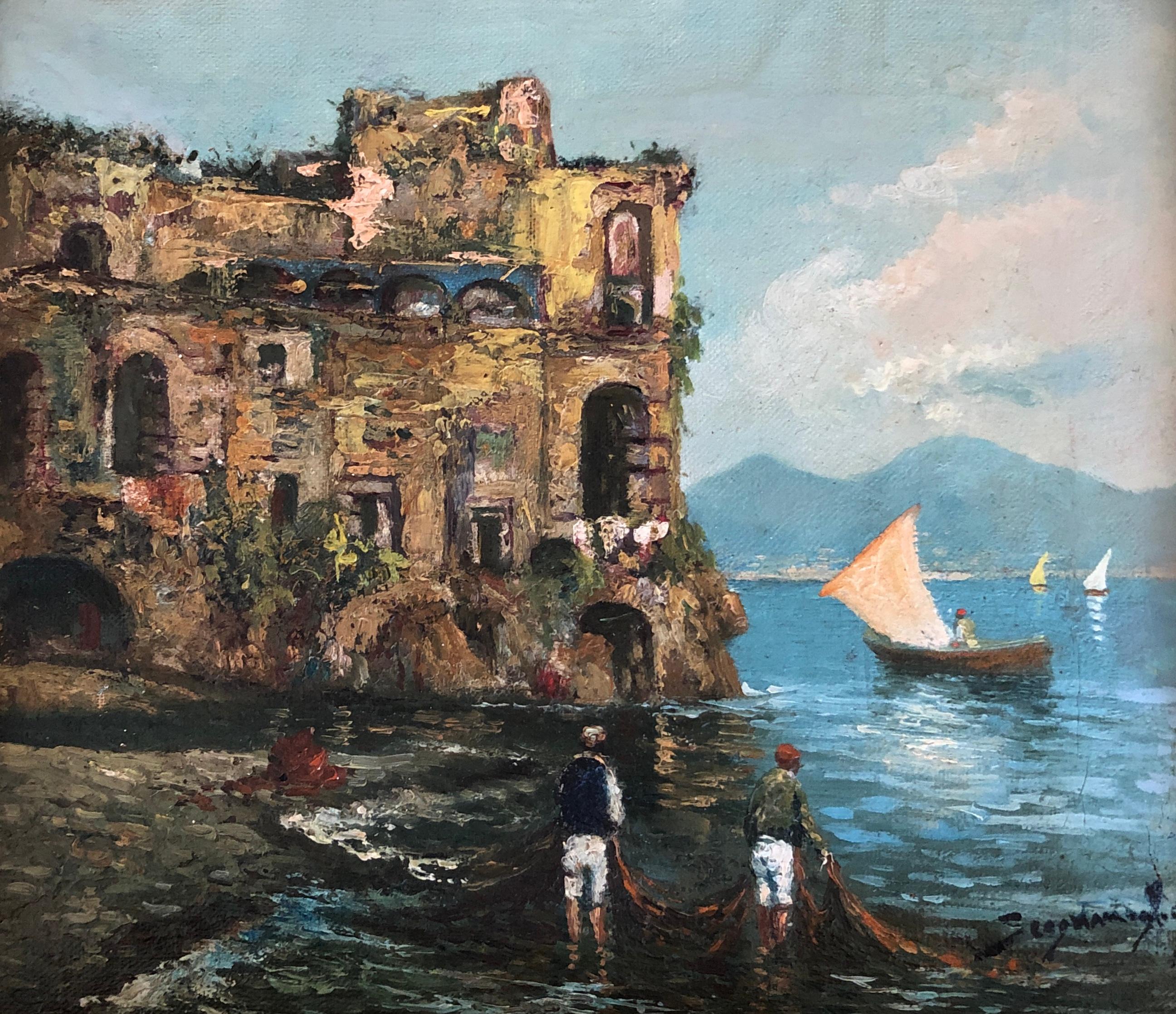 Roberto Scognamiglio Figurative Painting - Bay of Naples and fishermen