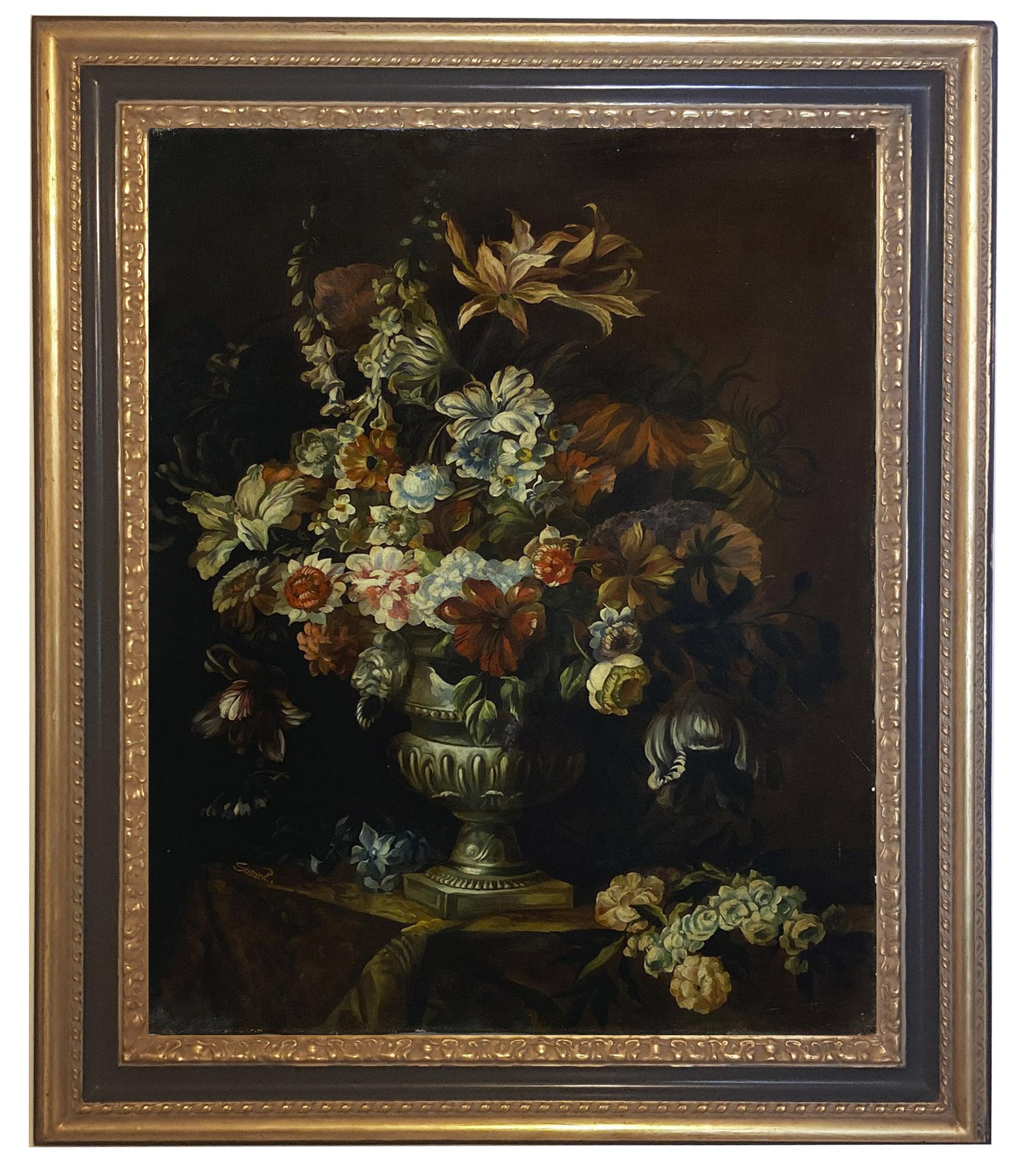 Roberto Suraci Still-Life Painting - FLOWERS - Dutch Flemish School - Italian Still life Oil on Canvas Painting