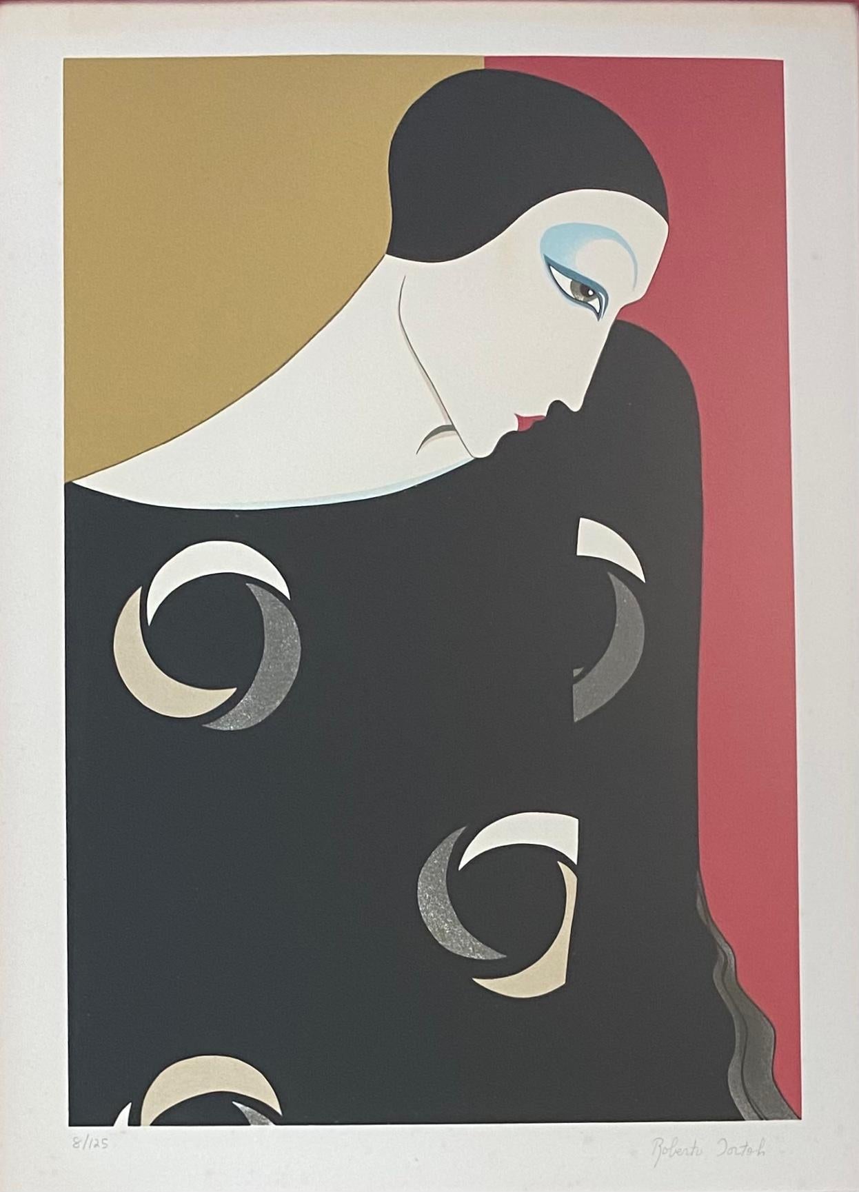 A fine decorative color lithograph in the Art Deco style. 
Signed and Numbered by the artist, Roberto Tortoli (Italian). 

Presented in a custom Hollywood Regency style frame.
Measures: 27 1/4