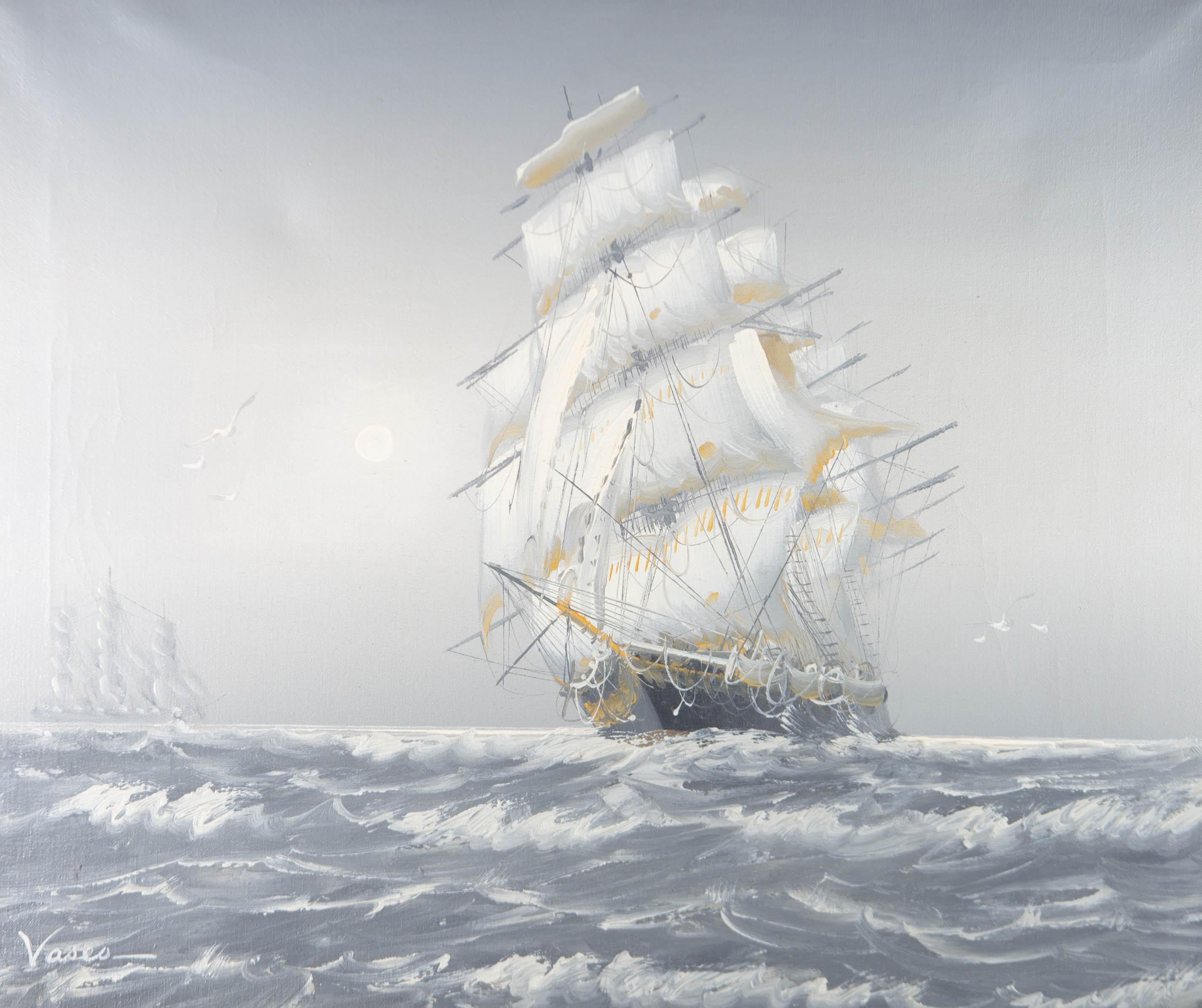 Vaseo Roberto - Signé et encadré - Huile du milieu du XXe siècle, étude maritime - Gris Figurative Painting par Roberto Vaseo