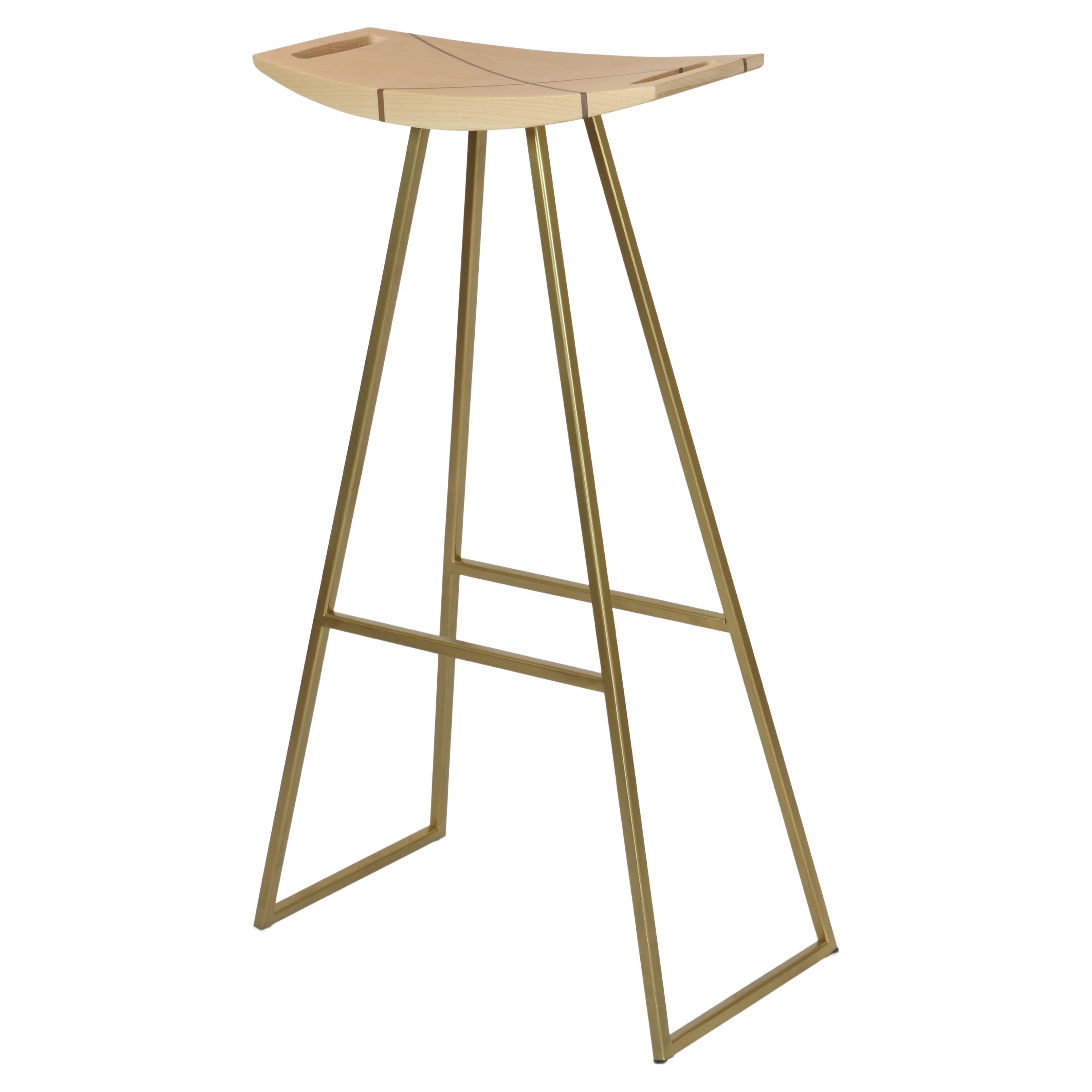Roberts Bar Stool with Wood Inlay Maple Brassy Gold