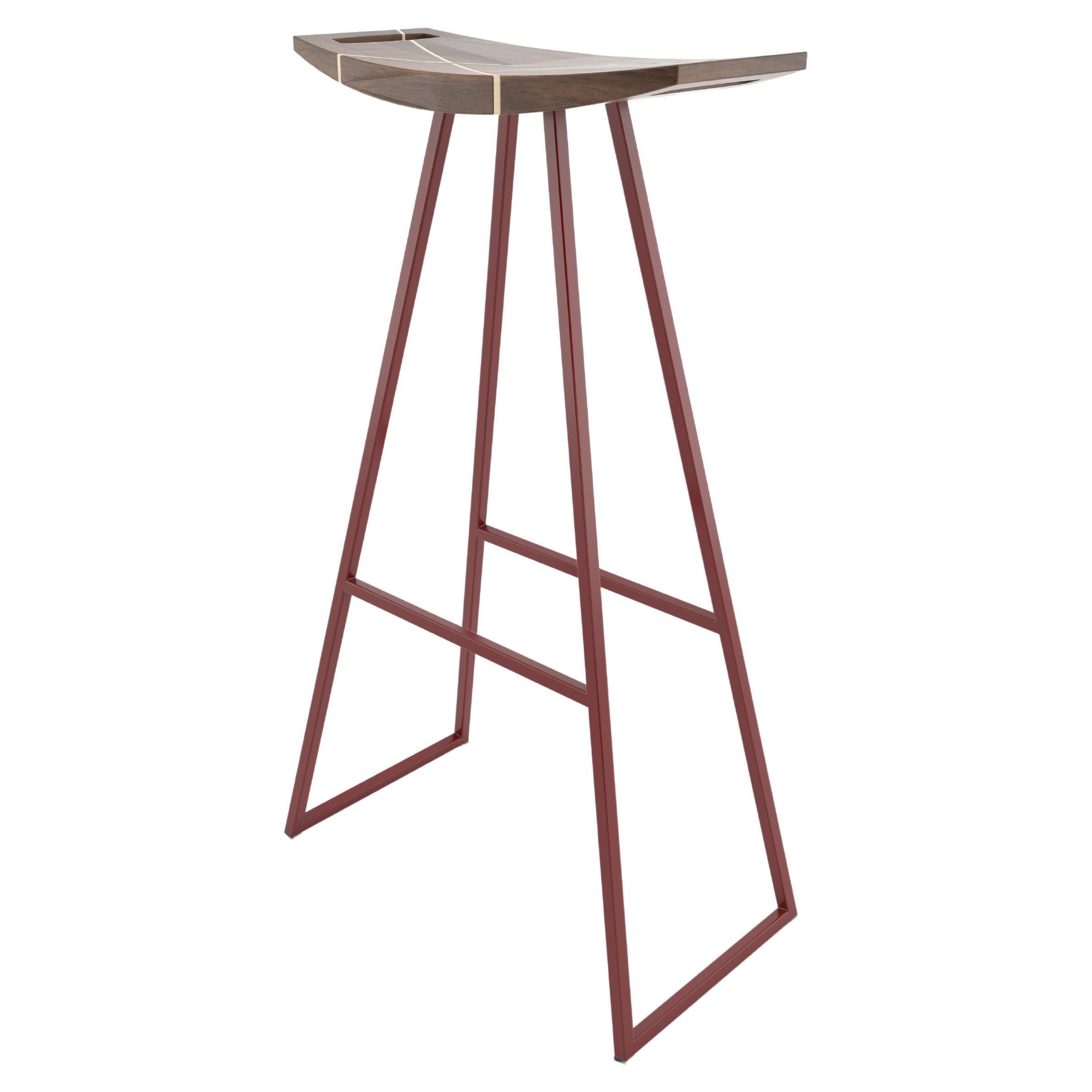 Roberts Bar Stool with Wood Inlay Walnut Blood Red For Sale