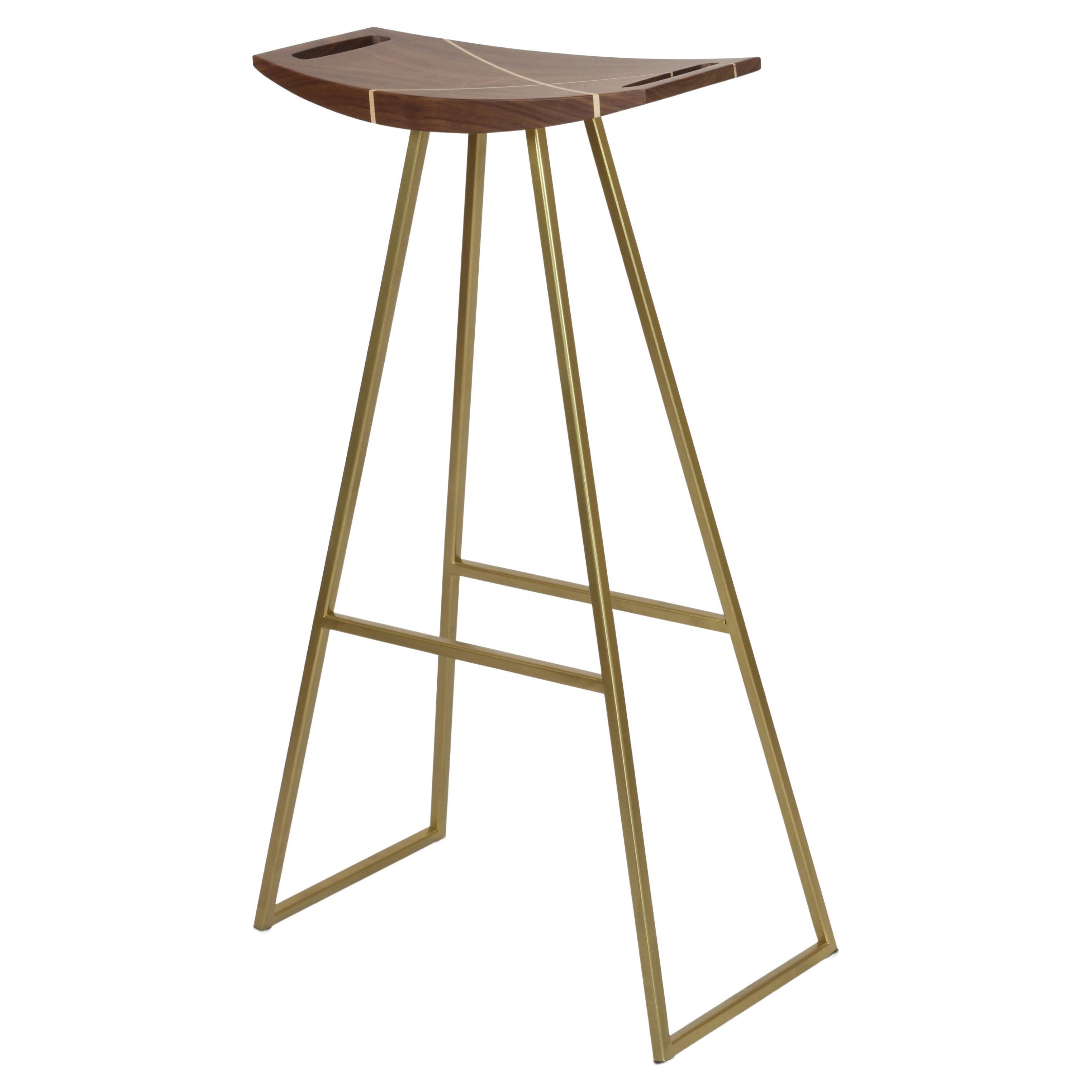 Roberts Bar Stool with Wood Inlay Walnut Brassy Gold For Sale
