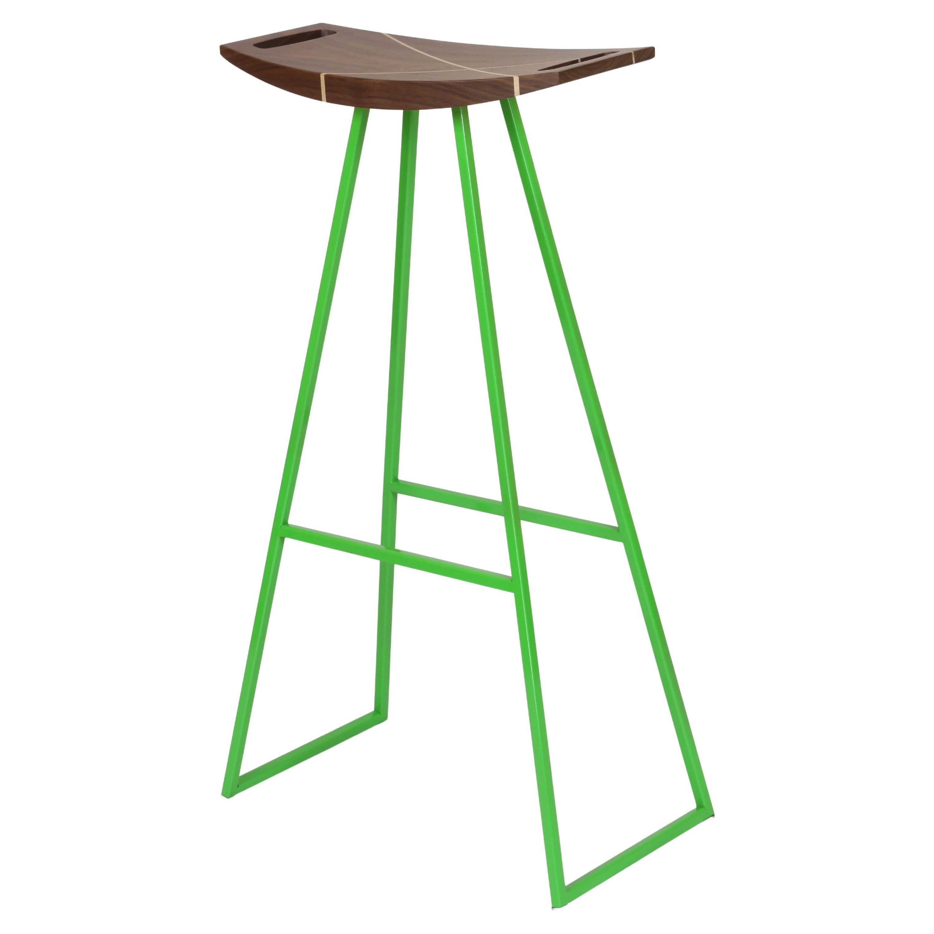 Roberts Bar Stool with Wood Inlay Walnut Green For Sale