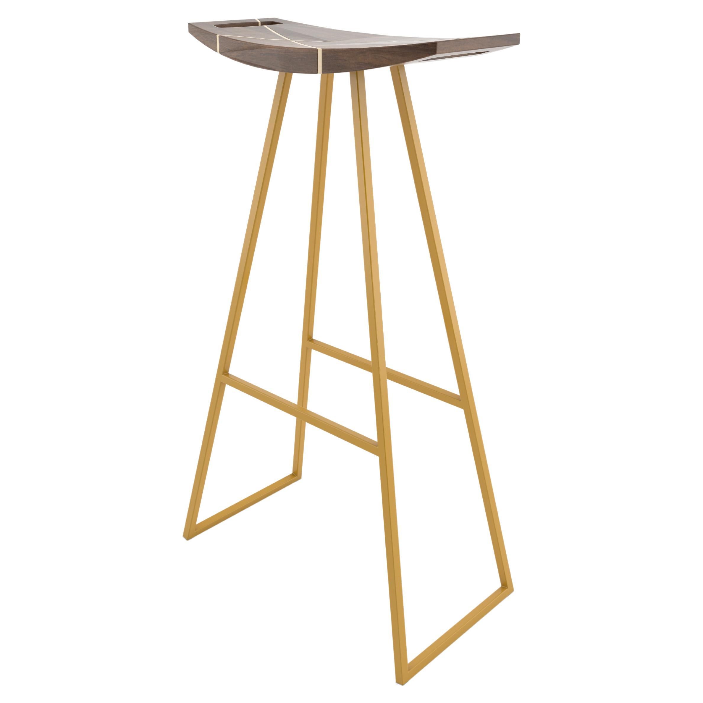 Roberts Bar Stool with Wood Inlay Walnut Mustard