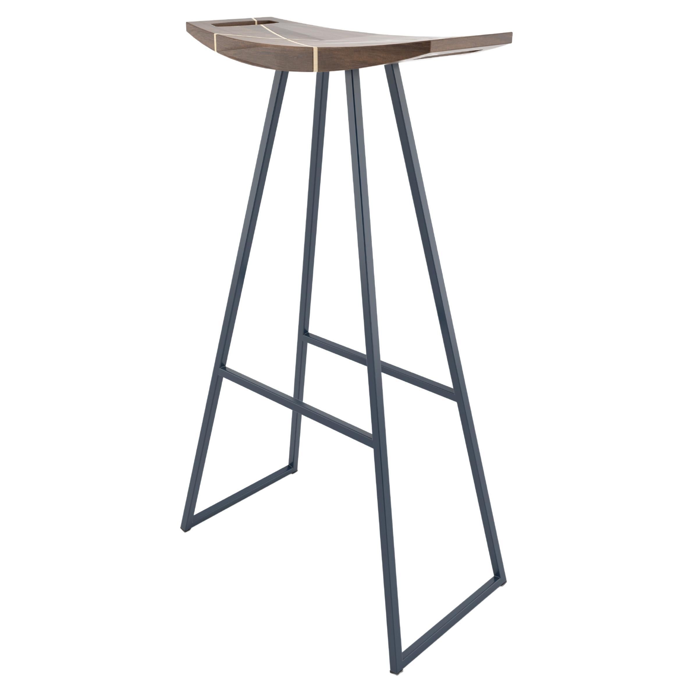 Roberts Bar Stool with Wood Inlay Walnut Navy For Sale