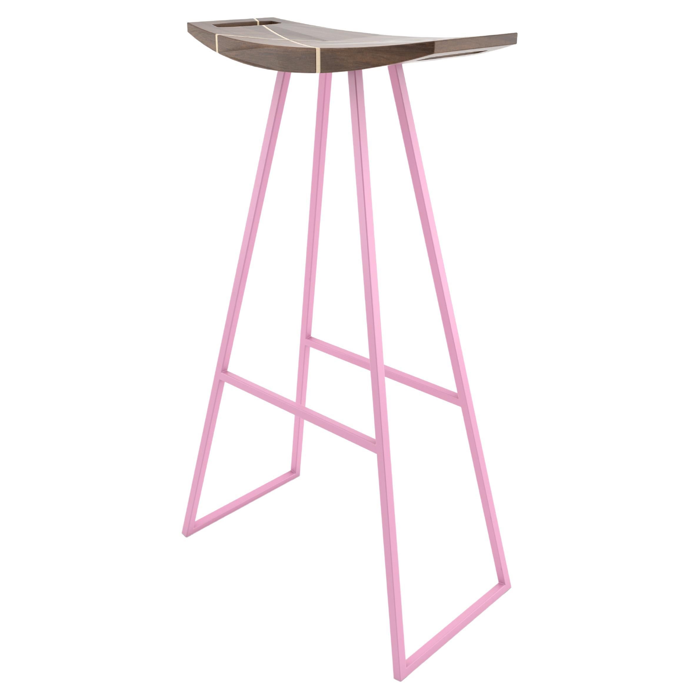 Roberts Bar Stool with Wood Inlay Walnut Pink For Sale