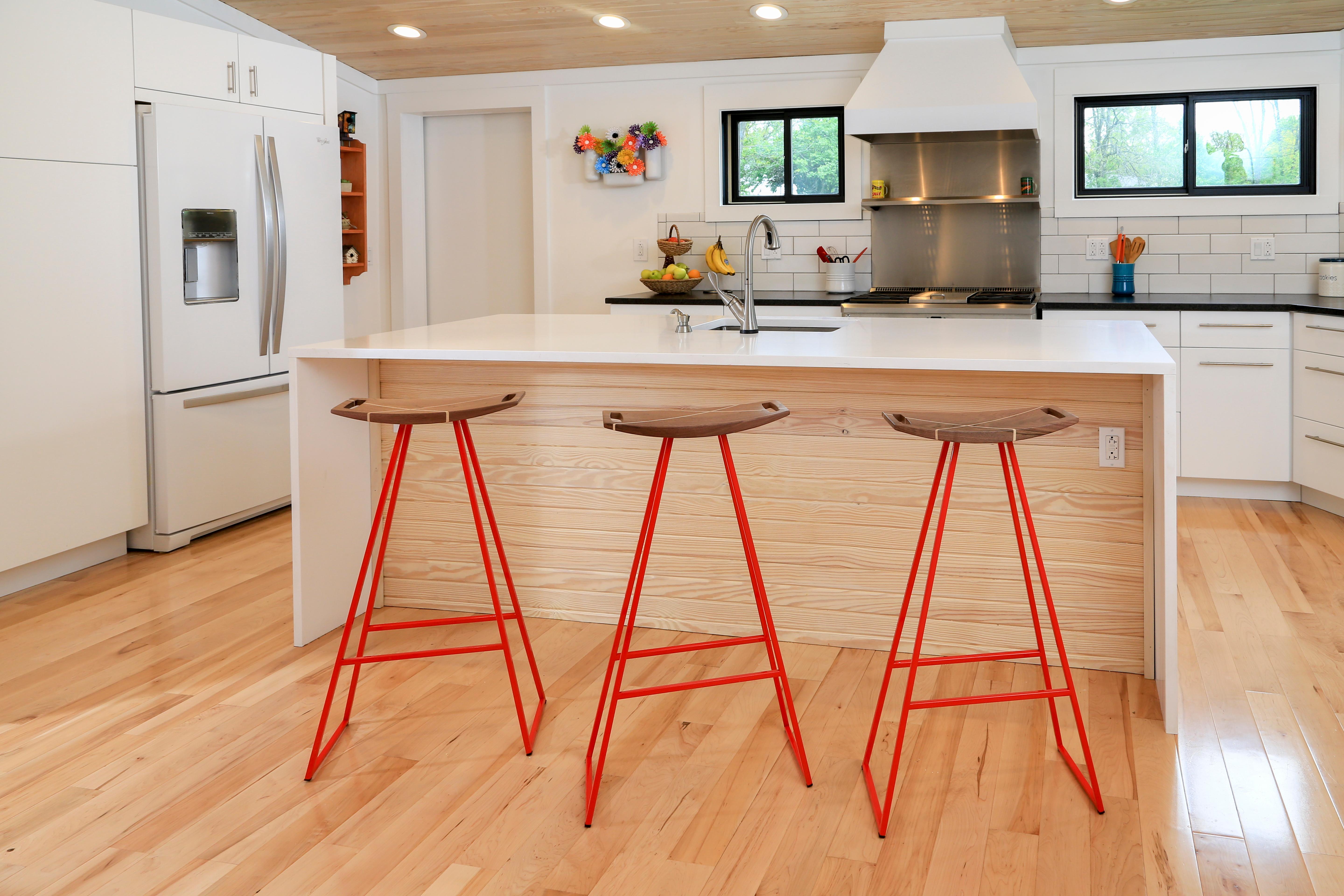 Modern Roberts Bar Stool with Wood Inlay Walnut Red For Sale