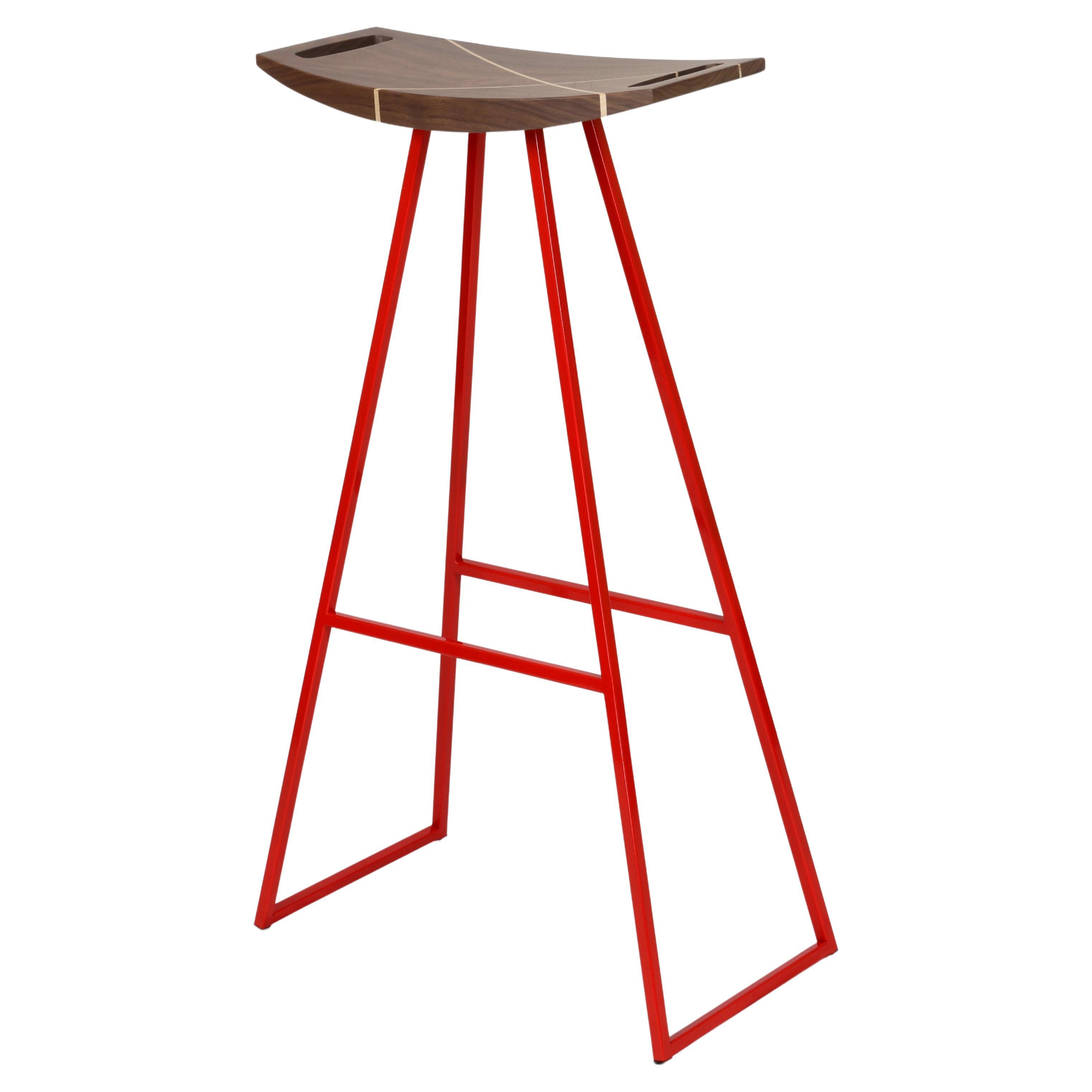 Roberts Bar Stool with Wood Inlay Walnut Red For Sale