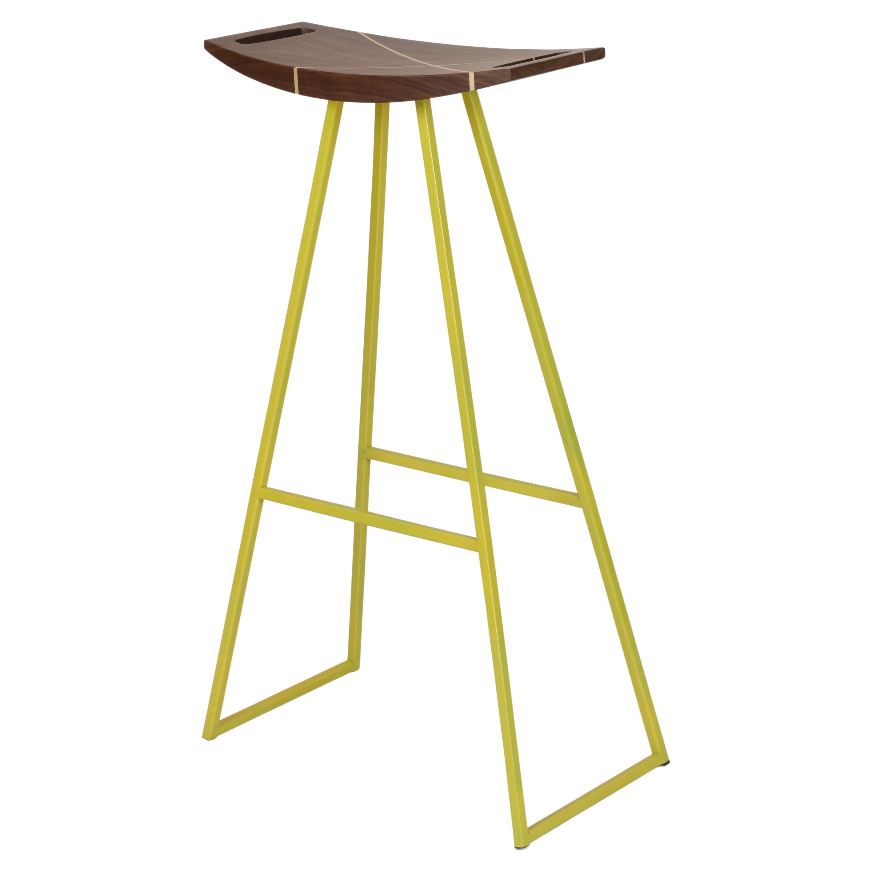 Roberts Bar Stool with Wood Inlay Walnut Yellow For Sale